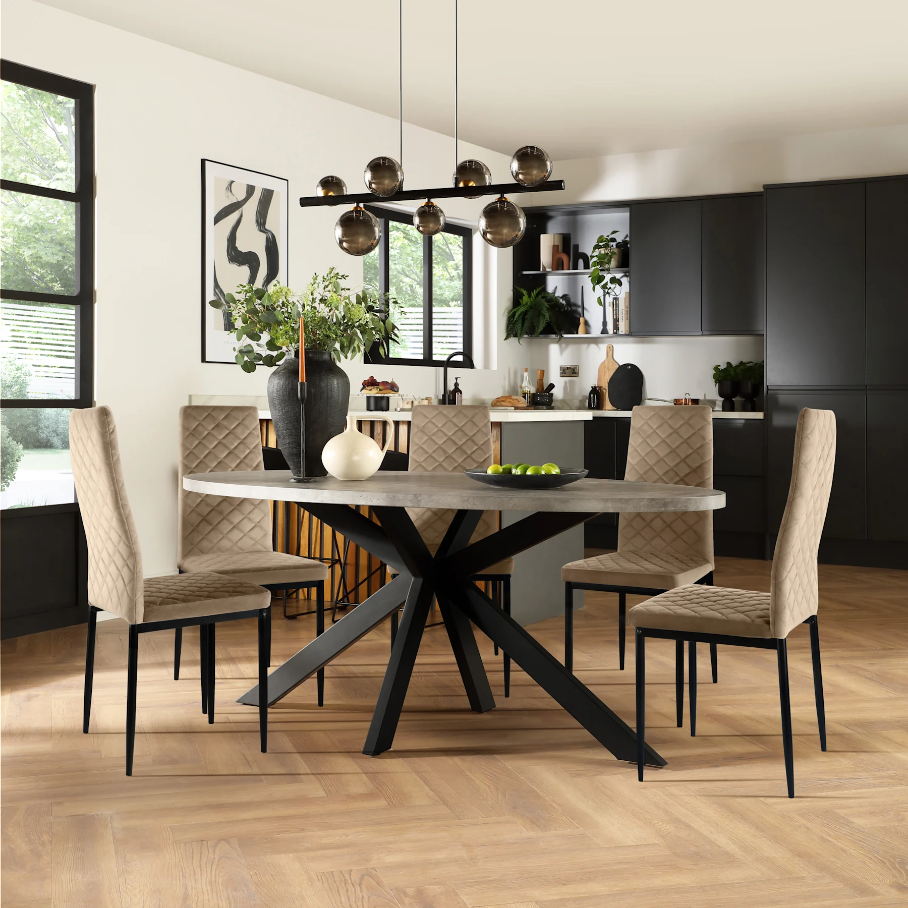 Madison Oval Industrial Dining Table & 6 Renzo  Chairs, Grey Concrete Effect & Black Steel, Champagne Classic Velvet, 150cm