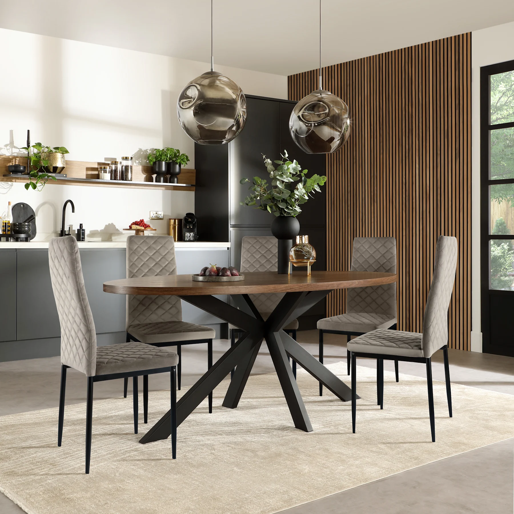 Madison Oval Industrial Dining Table & 6 Renzo  Chairs, Walnut Effect & Black Steel, Grey Classic Velvet, 150cm