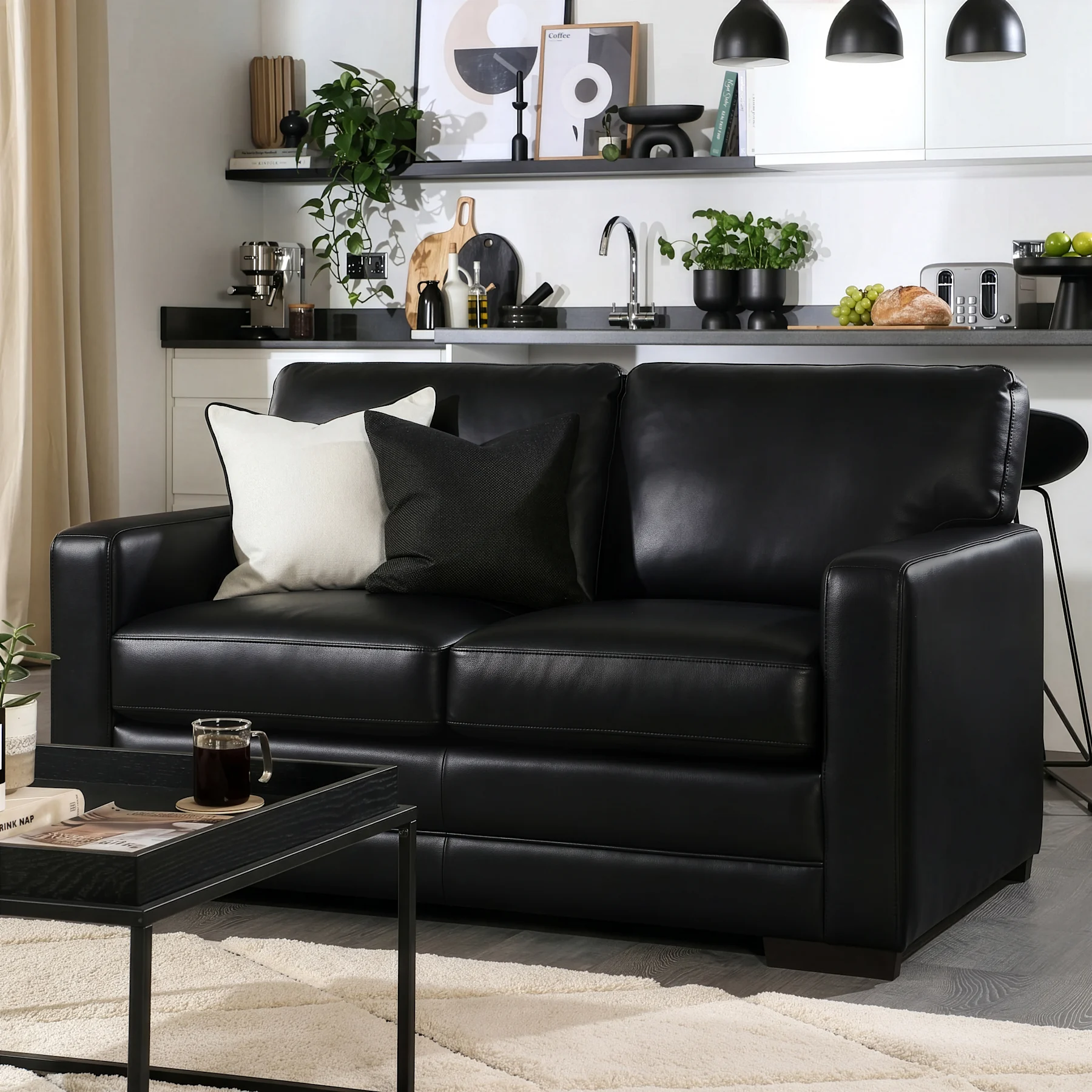Arden 2 Seater Sofa, Black Premium Faux Leather