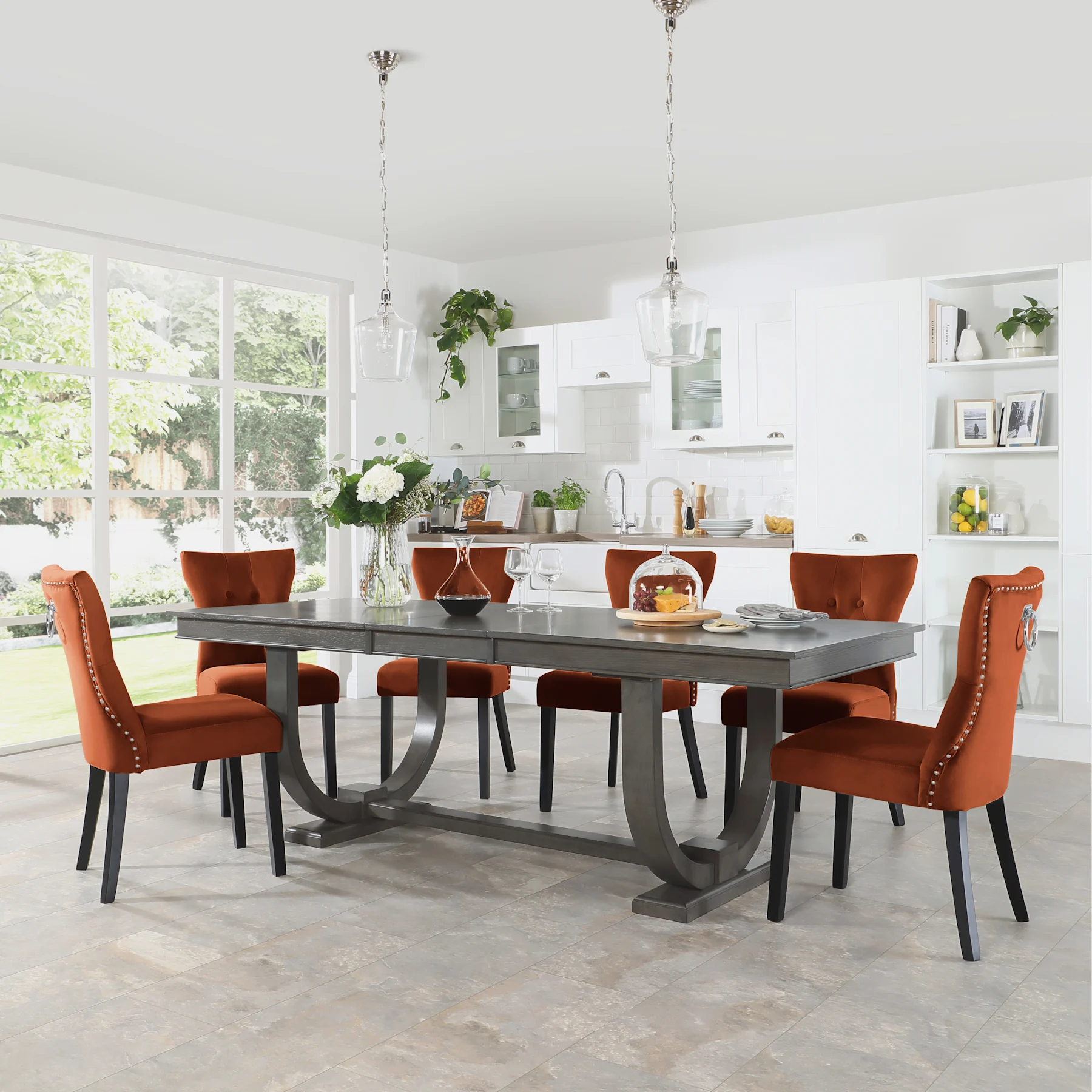 Pavilion Extending Dining Table & 4 Kensington Chairs, Grey Oak Veneer & Solid Hardwood, Burnt Orange Classic Velvet & Black Solid Hardwood, 180-225cm