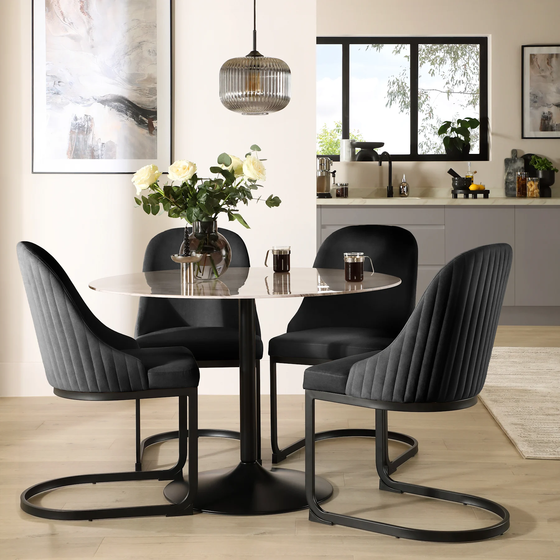 Orbit Round Dining Table & 4 Riva Chairs, Grey Marble Effect & Black Steel, Black Classic Velvet, 110cm