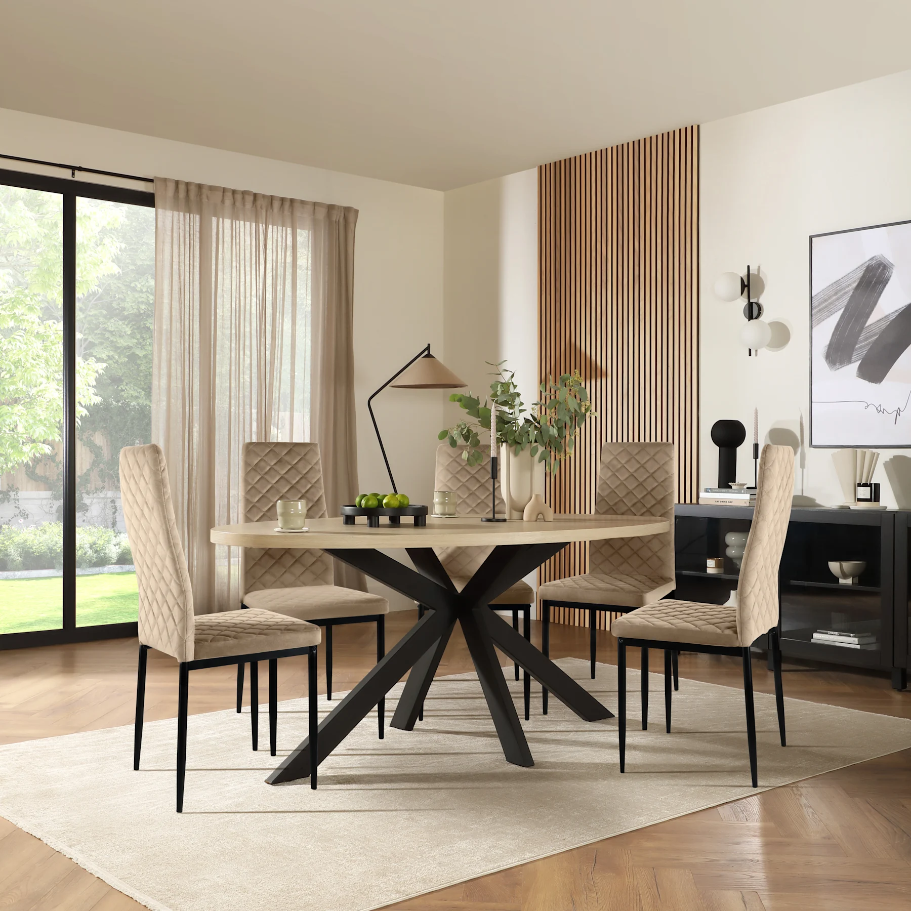 Madison Oval Dining Table & 4 Renzo  Chairs, Light Oak Effect & Black Steel, Champagne Classic Velvet, 150cm