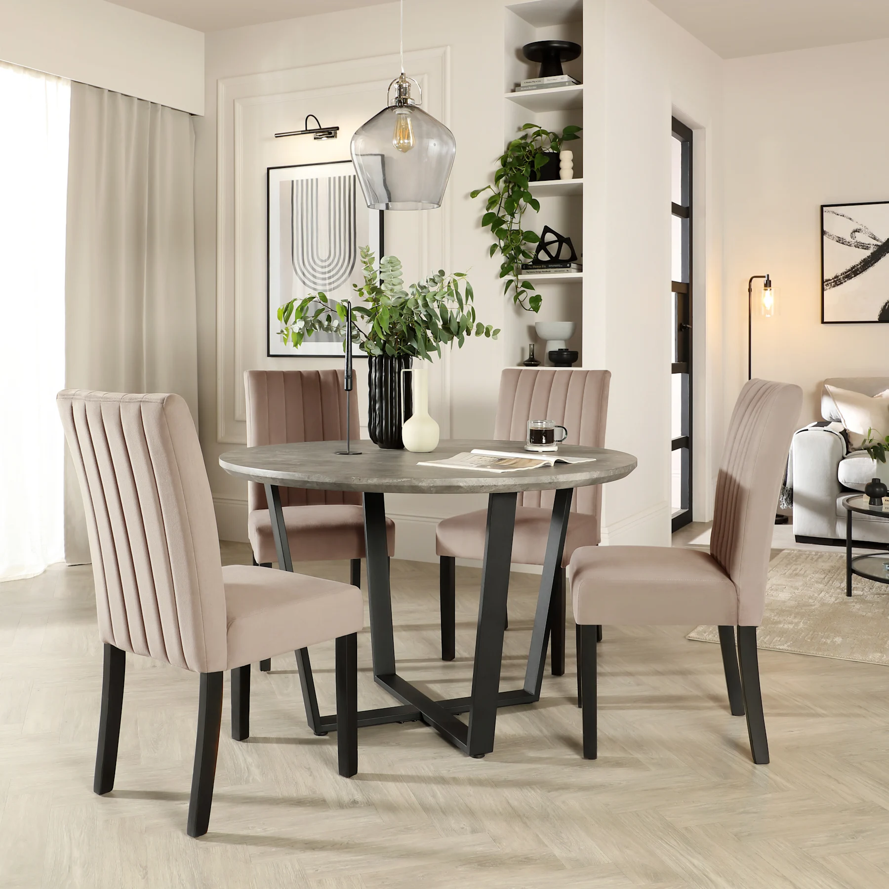 Traviso Round Dining Table & 4 Salisbury Chairs, Industrial Concrete Effect & Black Steel, Beige Classic Plush Fabric & Black Solid Hardwood, 120cm