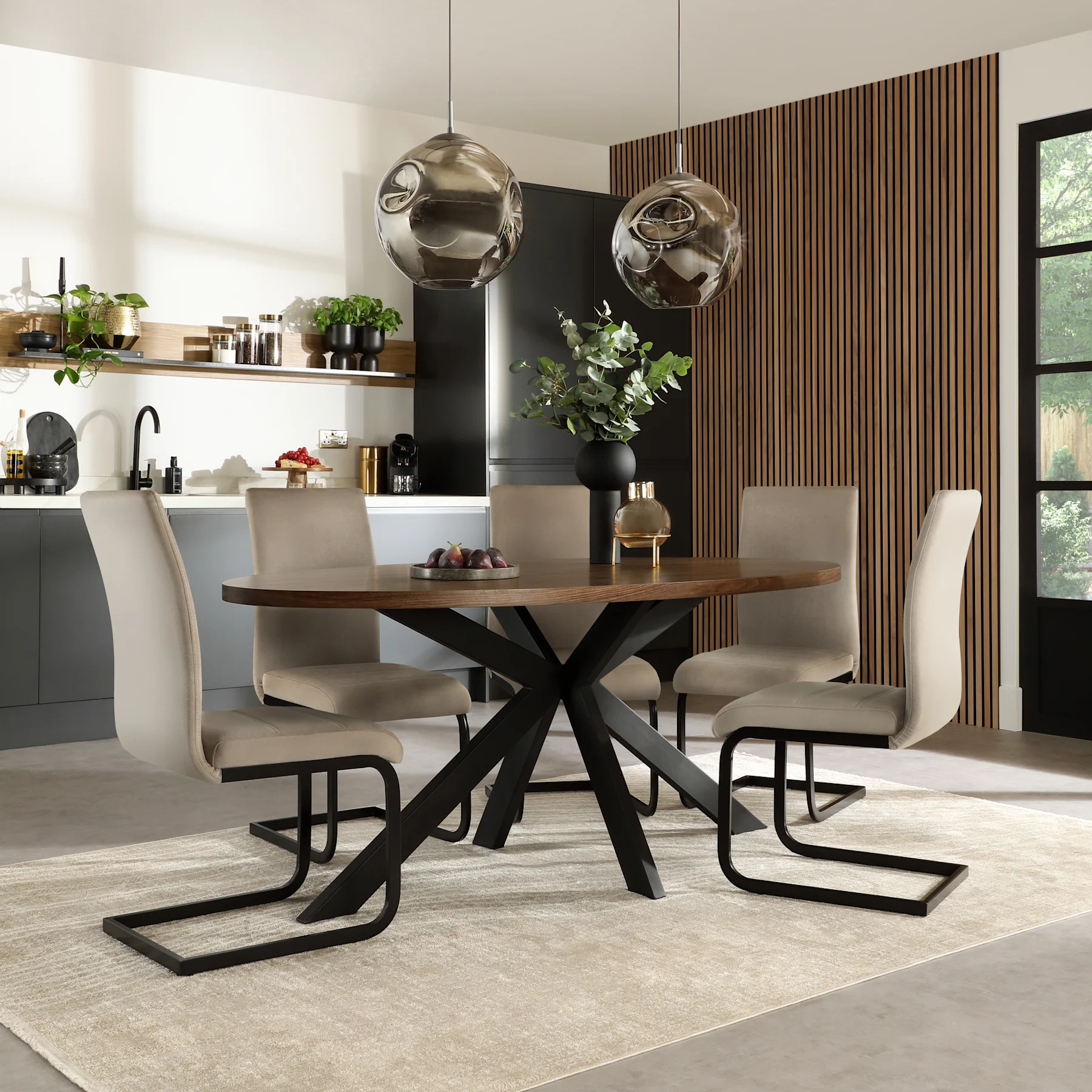 Madison Oval Industrial Dining Table & 4 Perth Chairs, Walnut Effect & Black Steel, Champagne Classic Velvet, 180cm