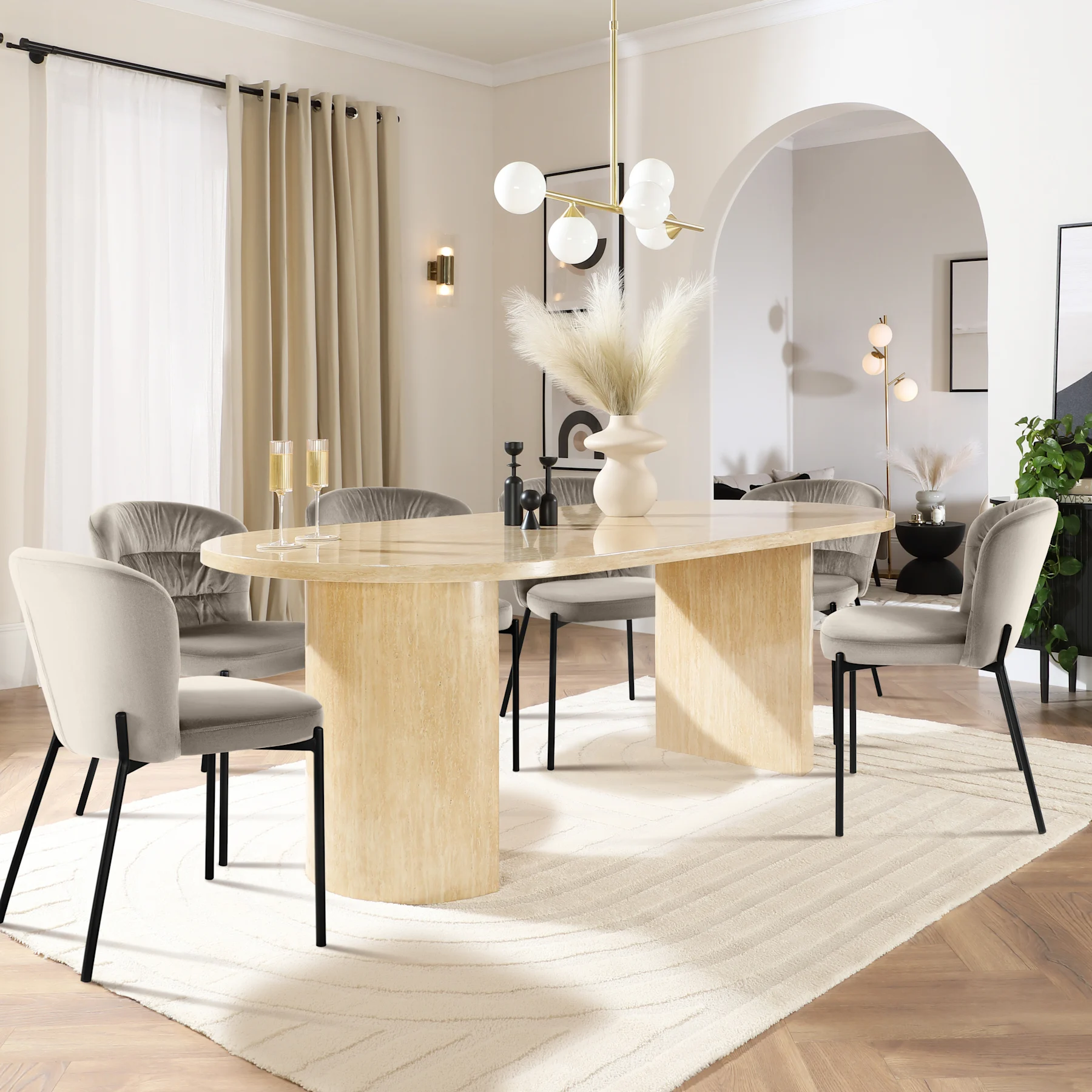 Genoa Oval Dining Table & 8 Gianna Chairs, Travertine Stone Effect, Grey Classic Velvet & Black Steel, 220cm