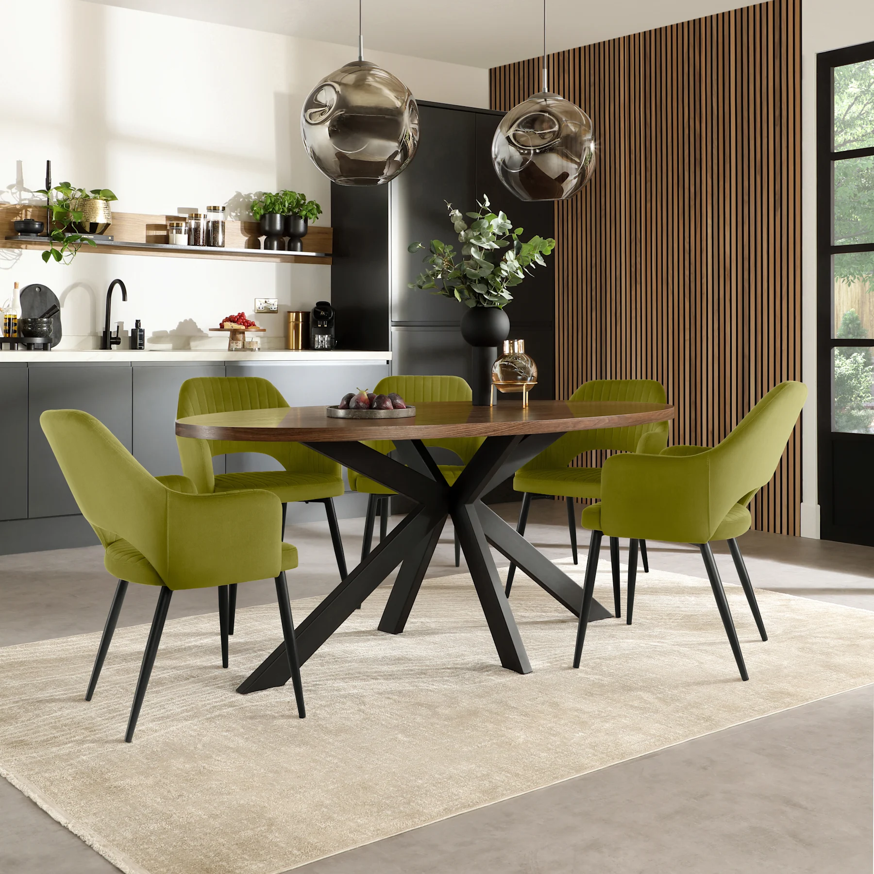 Madison Oval Industrial Dining Table & 6 Clara Chairs, Walnut Effect & Black Steel, Olive Green Classic Velvet, 180cm