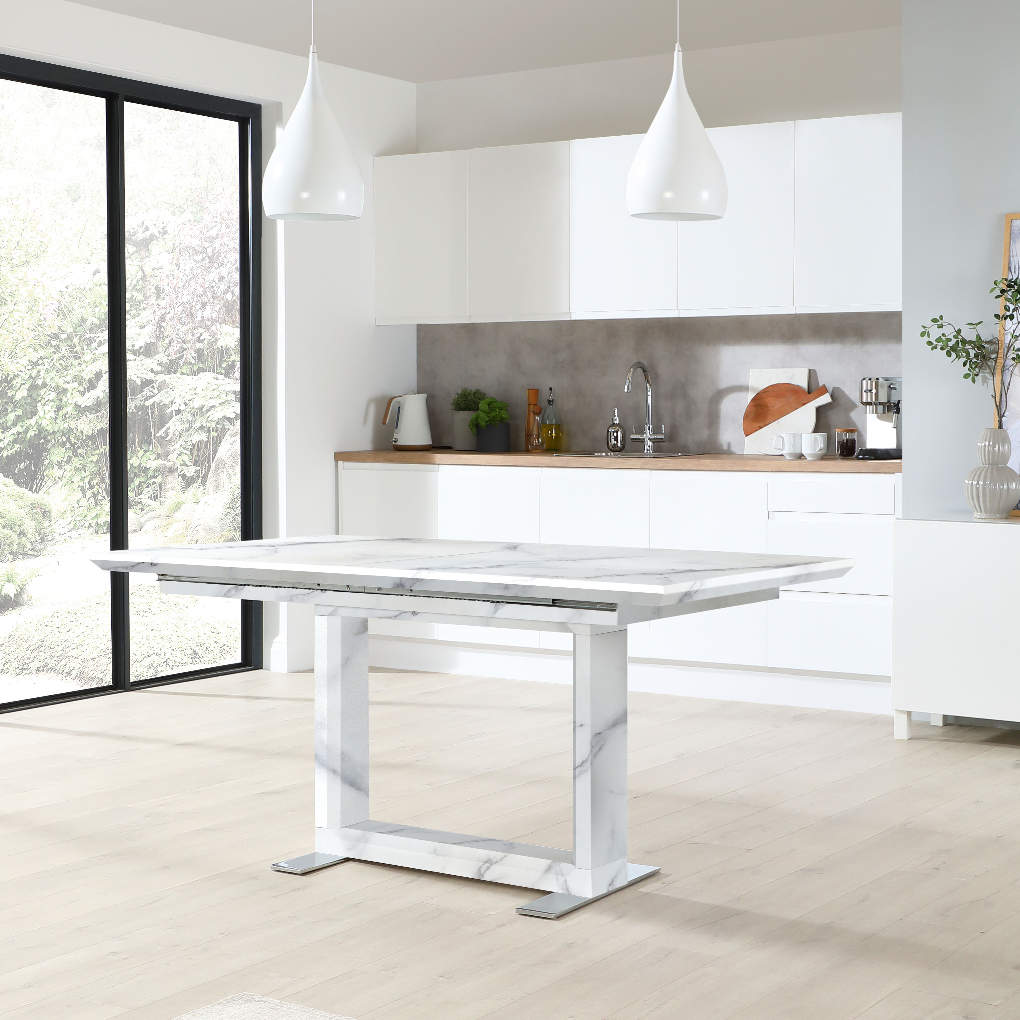 Tokyo Extending Dining Table & 4 Perth Chairs, White Marble