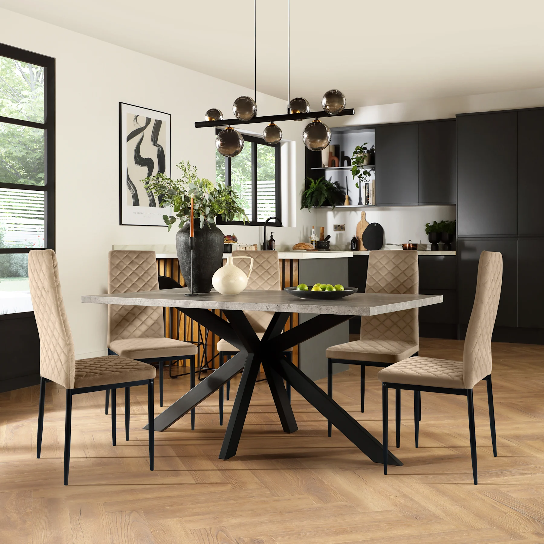 Madison Industrial Dining Table & 6 Renzo  Chairs, Grey Concrete Effect & Black Steel, Champagne Classic Velvet, 150cm