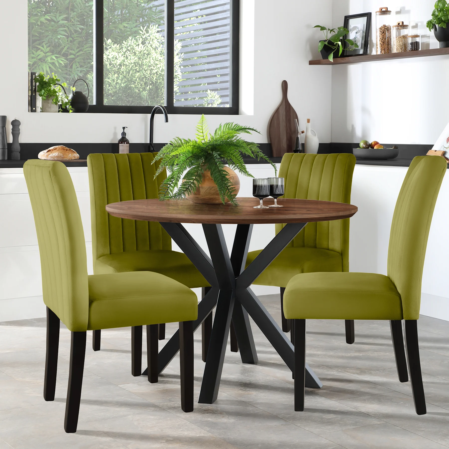 Newark Round Industrial Dining Table & 4 Salisbury Chairs, Walnut Effect & Black Steel, Olive Green Classic Velvet & Black Solid Hardwood, 110cm
