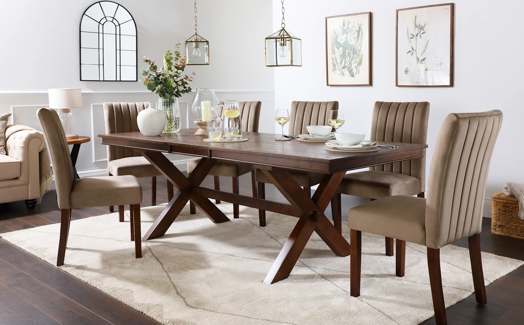 Grange Extending Dining Table & 4 Salisbury Chairs, Dark Oak Veneer & Solid Hardwood, Beige Classic Velvet & Dark Solid Hardwood, 180-220cm