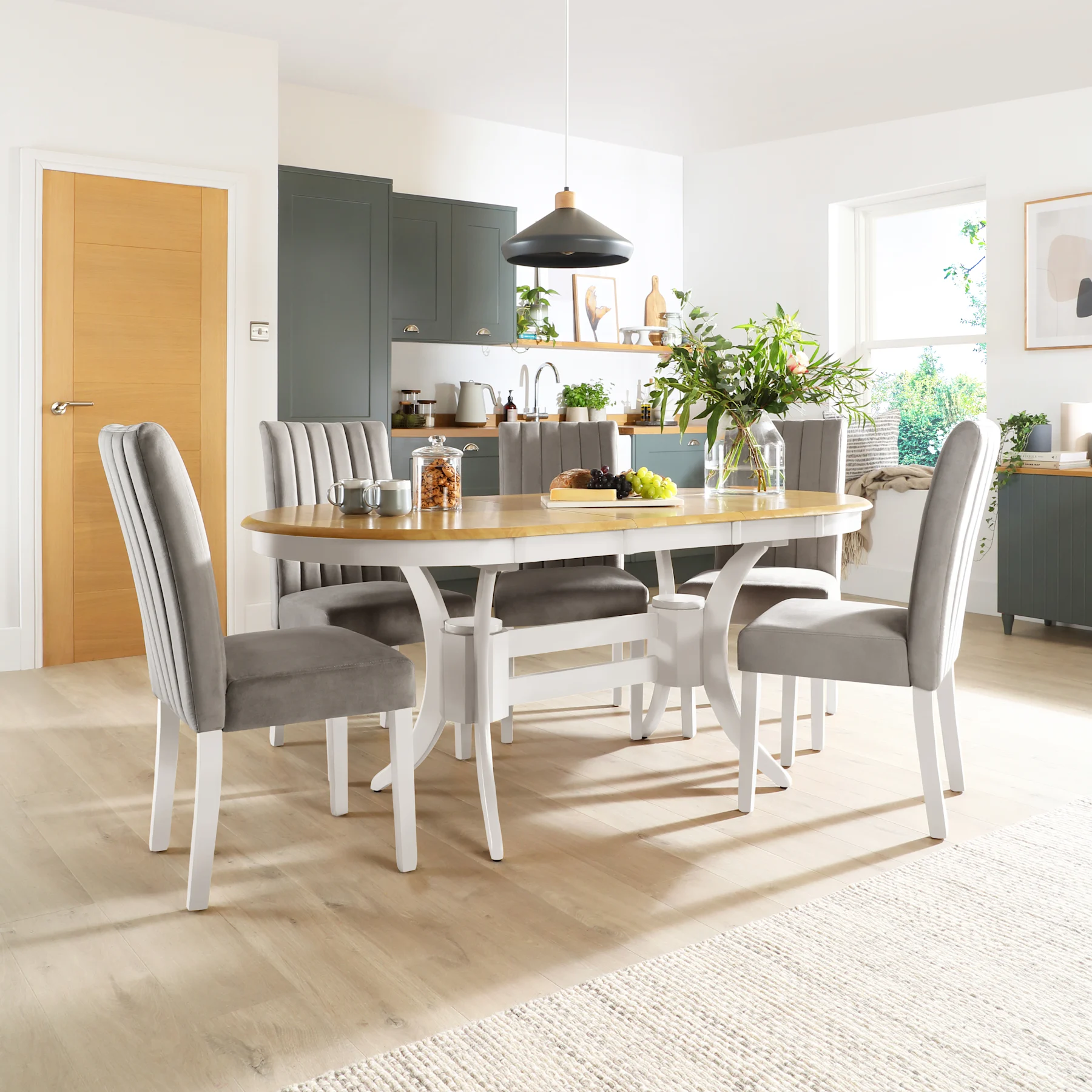 Townhouse Oval Extending Dining Table & 6 Salisbury Chairs, Natural Oak Finish & White Solid Hardwood, Grey Classic Velvet, 150-180cm