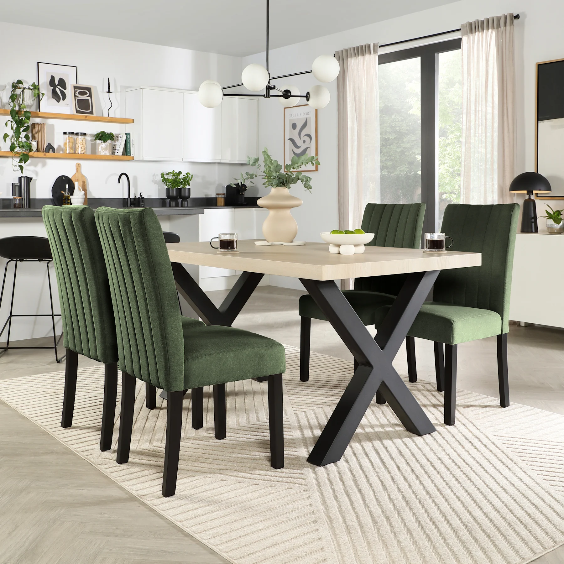 Franklin Dining Table & 4 Salisbury Chairs, Light Oak Effect & Black Steel, Moss Green Classic Plush Fabric & Black Solid Hardwood, 150cm