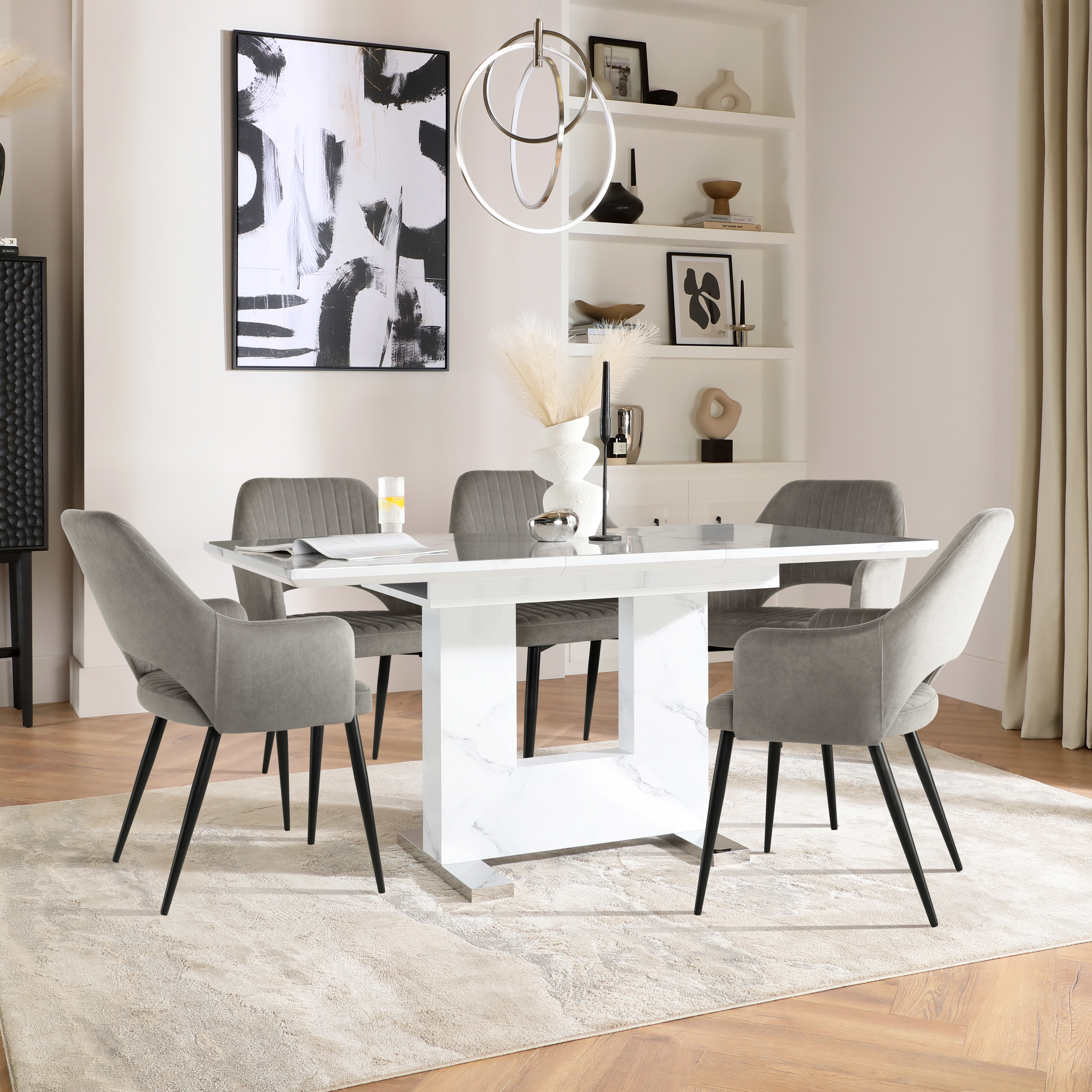 Florence Extending Dining Table & 6 Clara Chairs, White Marble