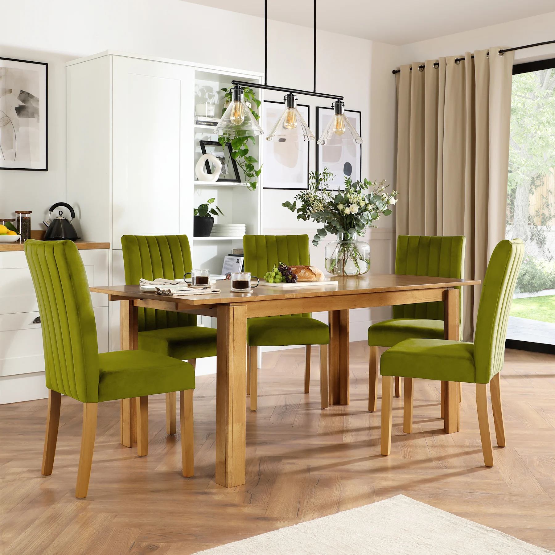 Bali Extending Dining Table & 6 Salisbury Chairs, Natural Oak Finished Solid Hardwood, Olive Green Classic Velvet, 150-180cm