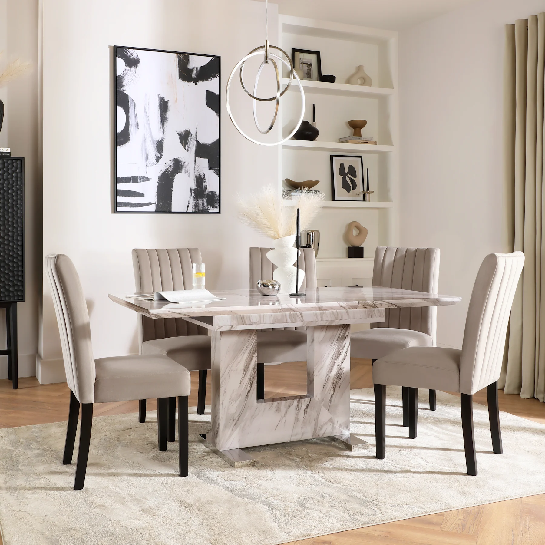 Florence Extending Dining Table & 4 Salisbury Chairs, Grey Marble Effect, Beige Classic Plush Fabric & Black Solid Hardwood, 120-160cm