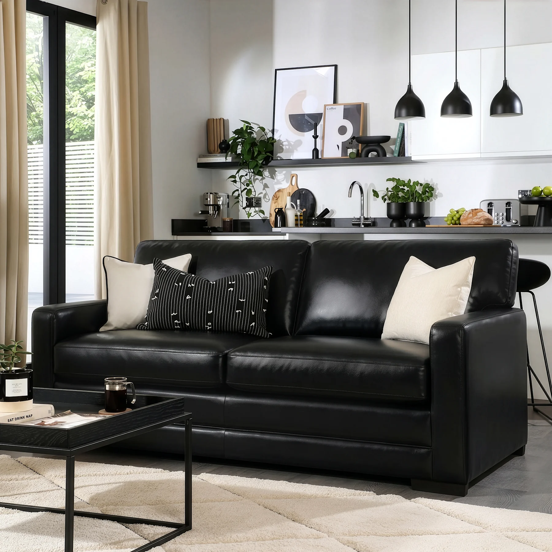 Arden 3 Seater Sofa, Black Premium Faux Leather