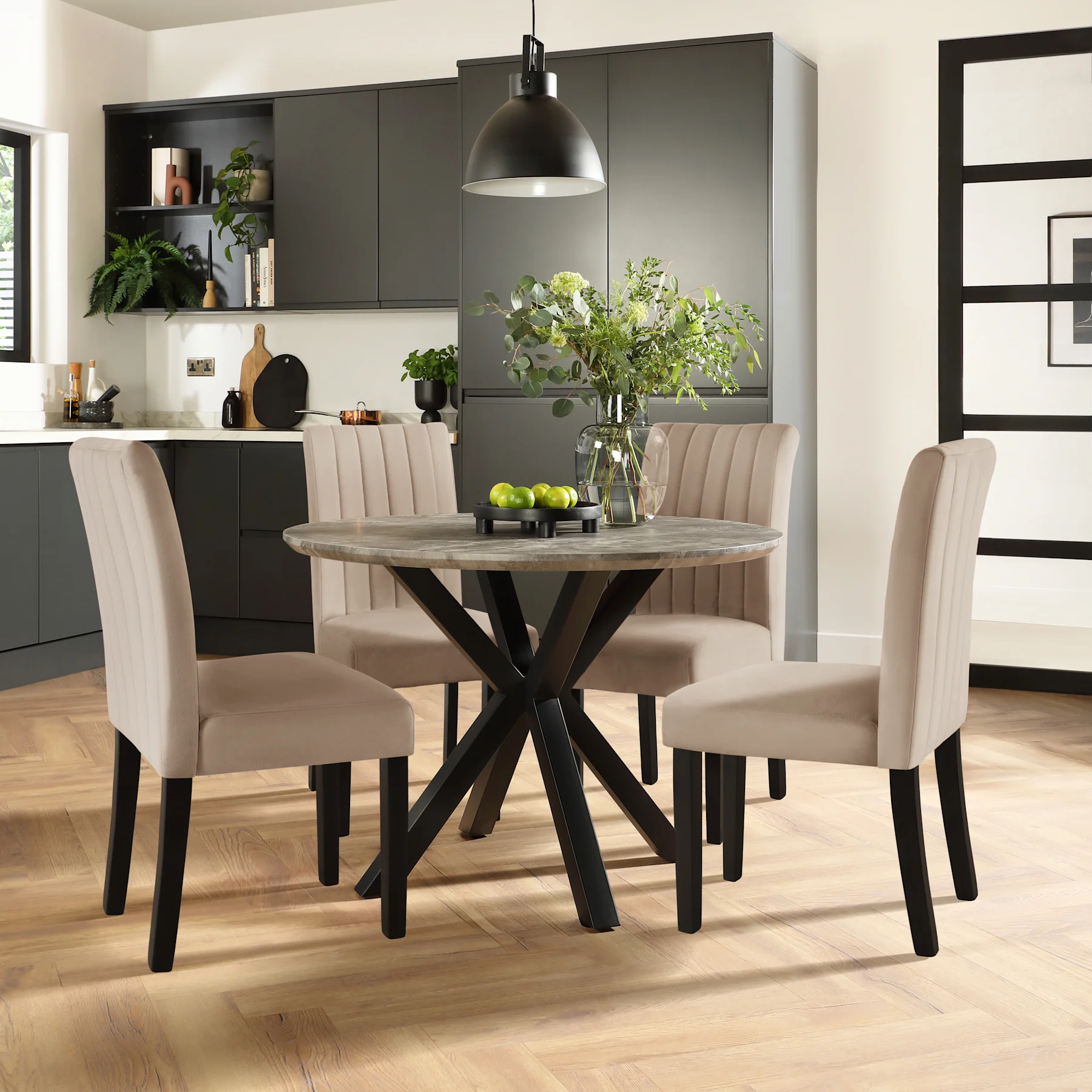 Newark Round Industrial Dining Table & 4 Salisbury Chairs, Grey Concrete Effect & Black Steel, Beige Classic Plush Fabric & Black Solid Hardwood, 110cm