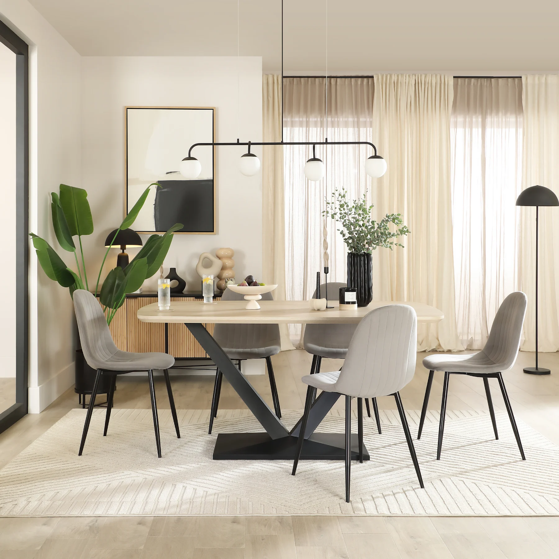 Avanta Dining Table & 6 Brooklyn Dining Chairs, Light Oak Effect & Black Steel, Grey Classic Velvet, 160cm