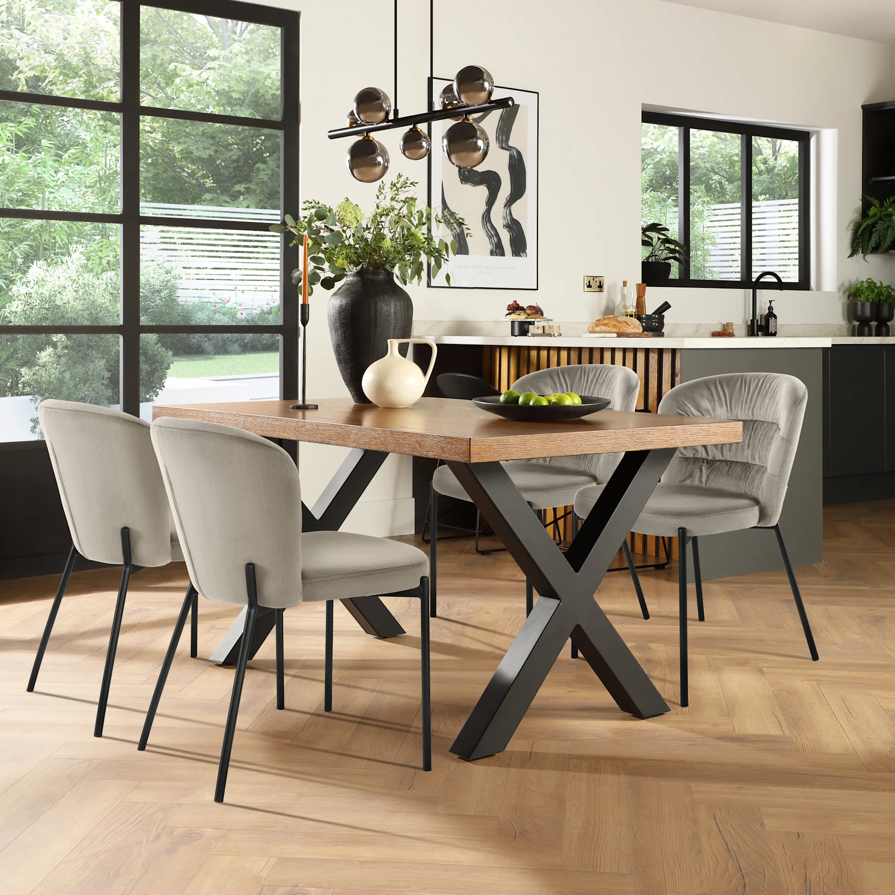 Franklin Industrial Dining Table & 4 Gianna Chairs, Dark Oak Veneer & Black Steel, Grey Classic Velvet, 150cm