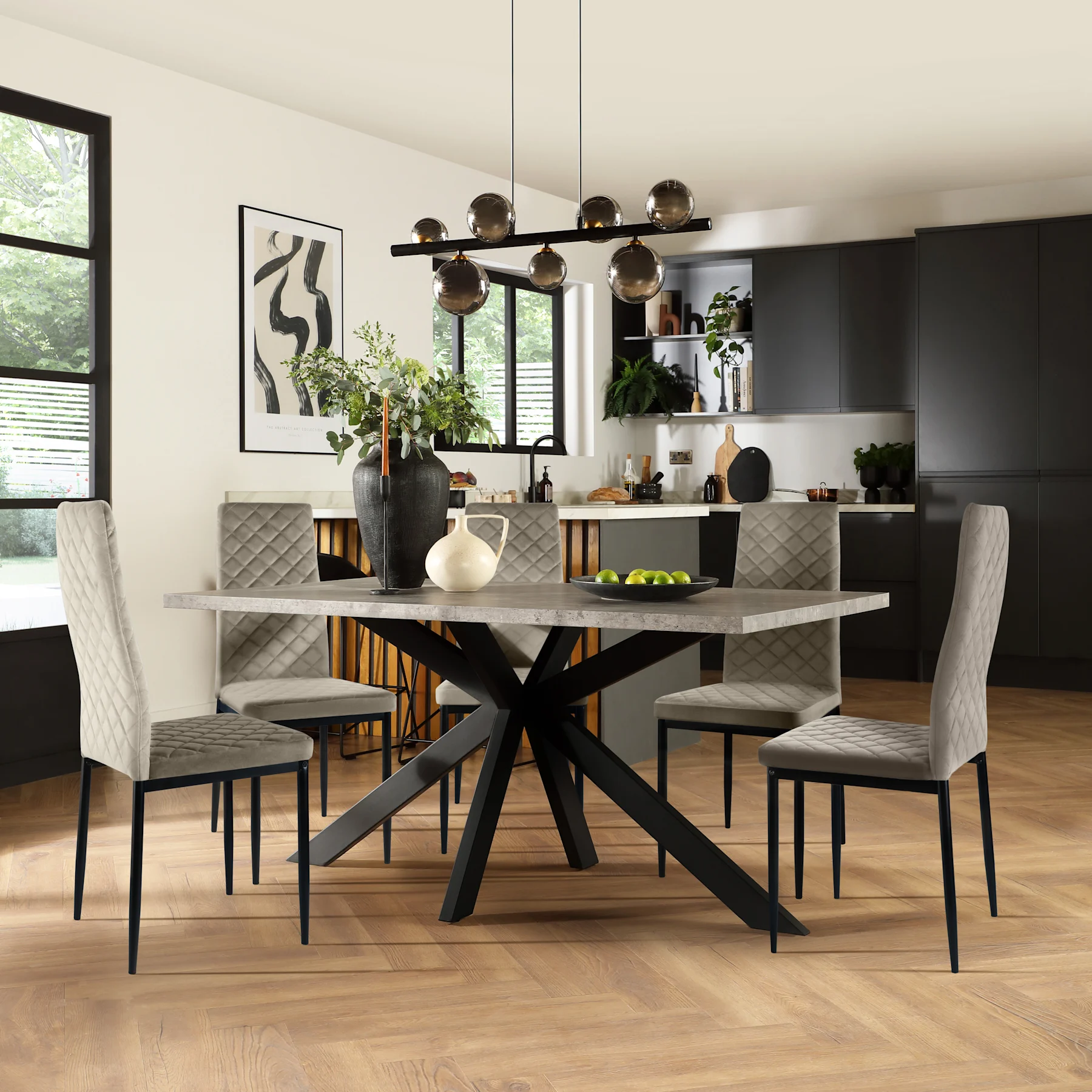 Madison Industrial Dining Table & 6 Renzo  Chairs, Grey Concrete Effect & Black Steel, Grey Classic Velvet, 150cm