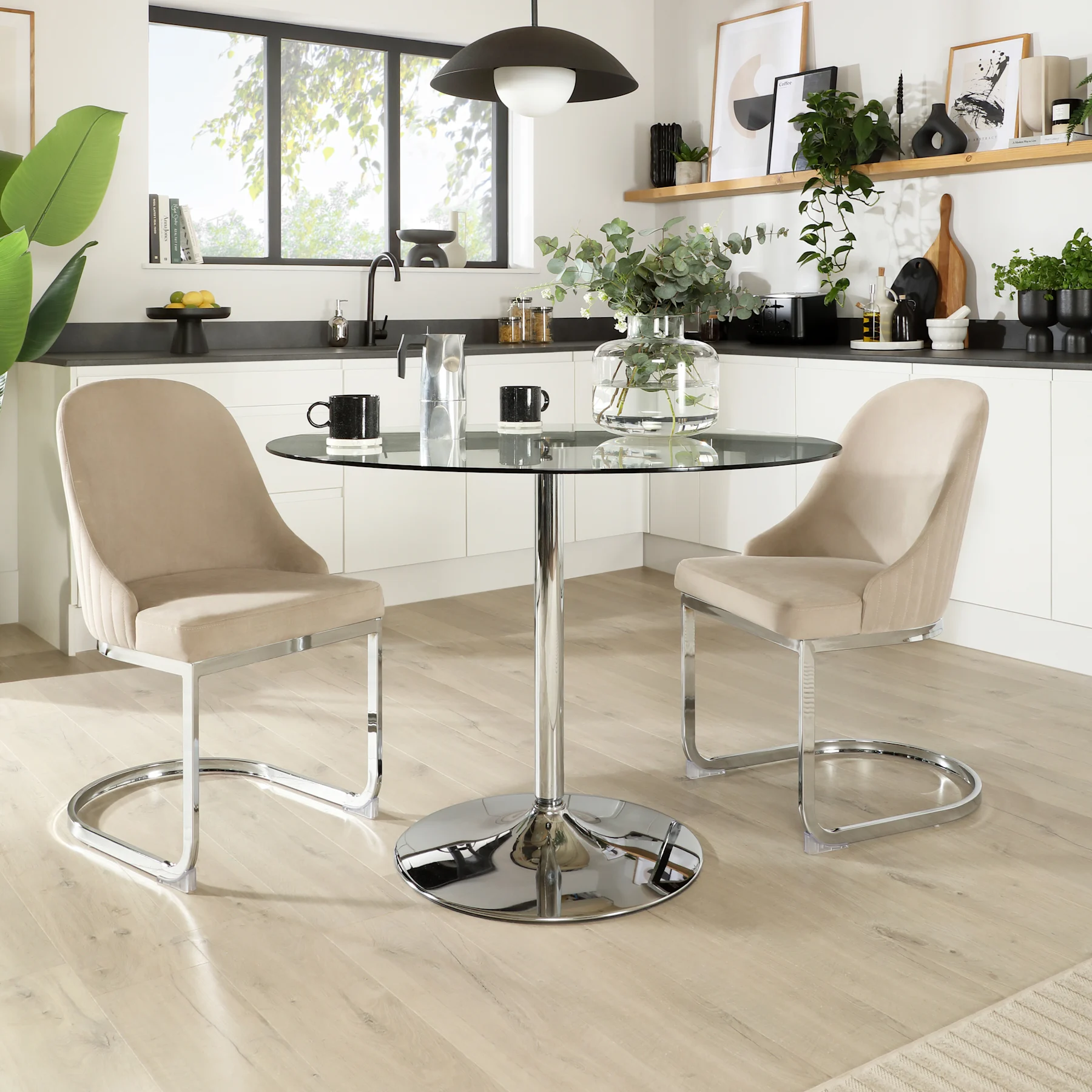 Orbit Round Dining Table & 2 Riva Chairs, Glass & Chrome, Champagne Classic Velvet, 110cm