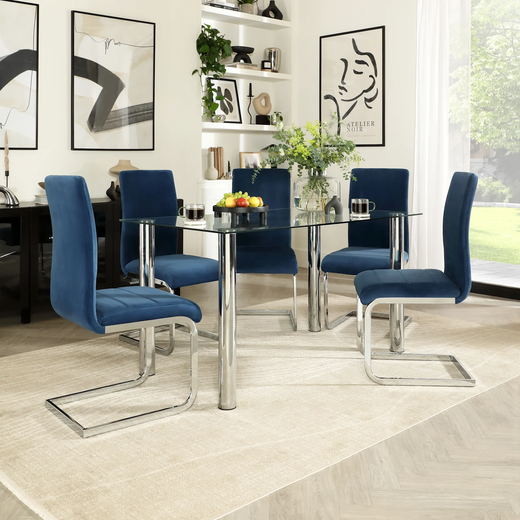 Lunar Dining Table & 6 Perth Chairs, Glass & Chrome, Blue Classic Velvet, 140cm