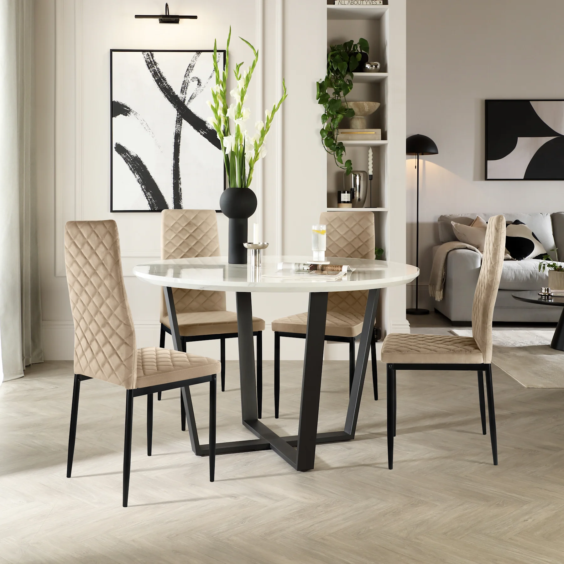 Traviso Round Dining Table & 4 Renzo Chairs, White Marble Effect & Black Steel, Champagne Classic Velvet, 120cm