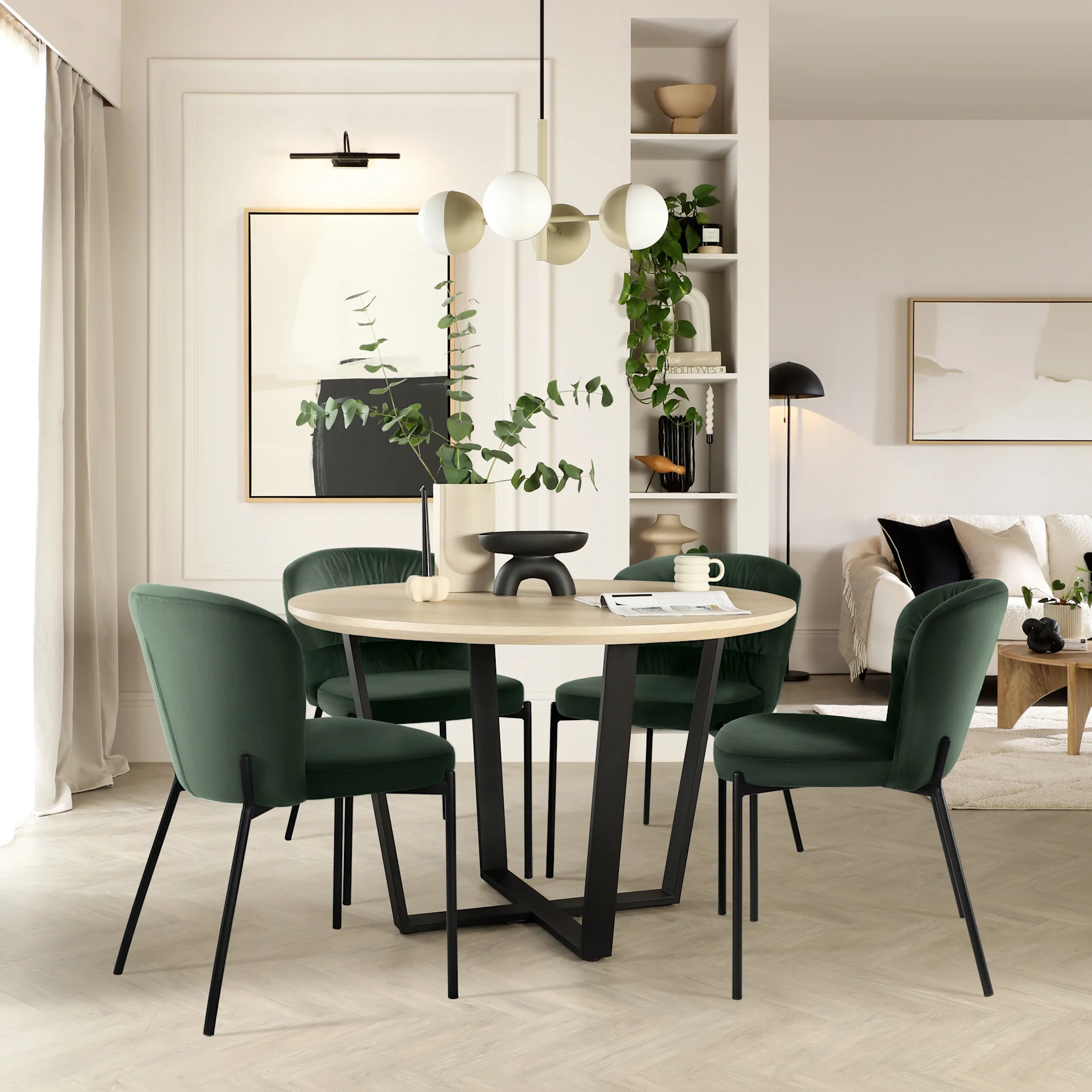 Traviso Round Dining Table & 4 Gianna Chairs, Light Oak Effect & Black Steel, Moss Green Classic Velvet, 120cm