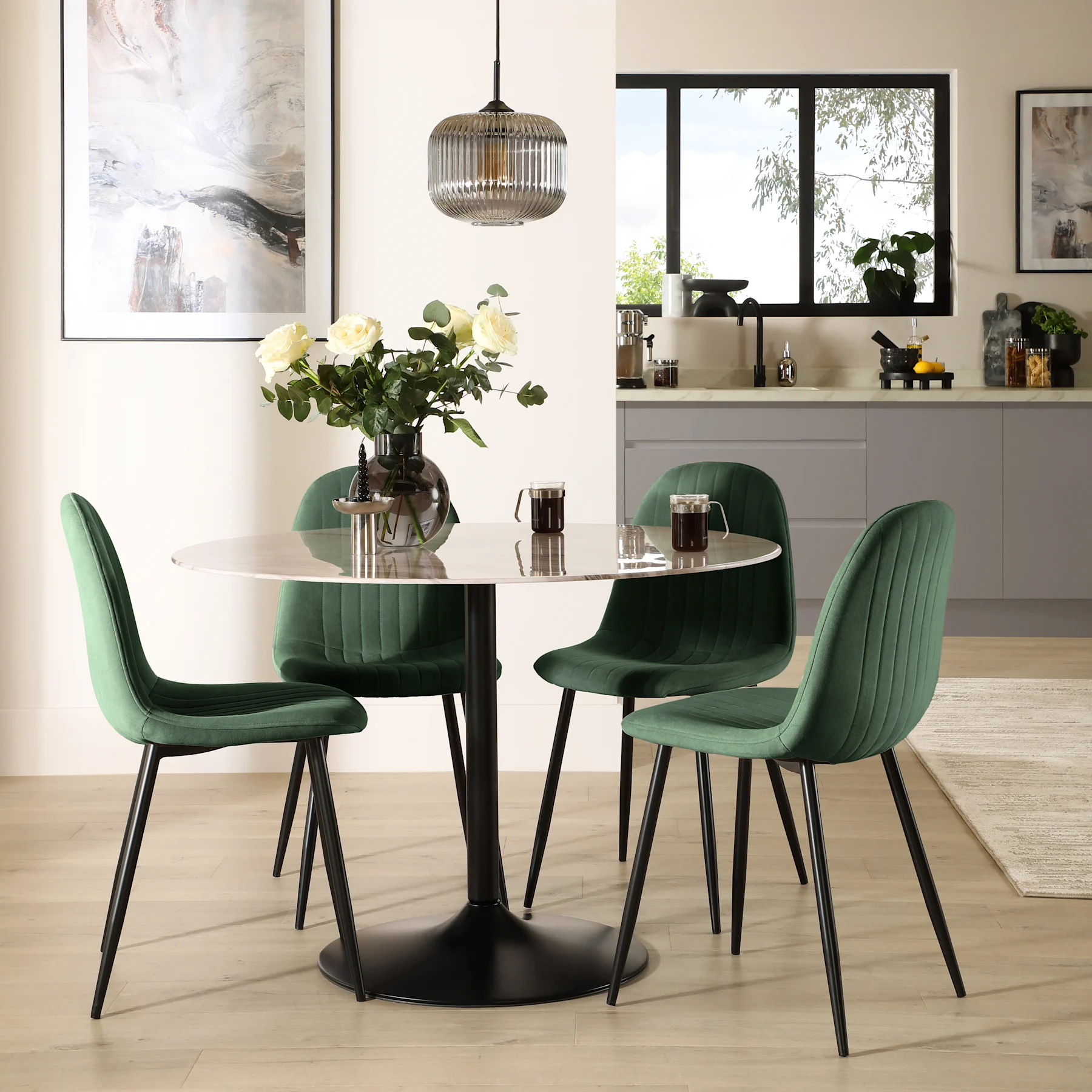 Orbit Round Dining Table & 2 Brooklyn Chairs, Grey Marble Effect & Black Steel, Moss Green Classic Velvet, 110cm