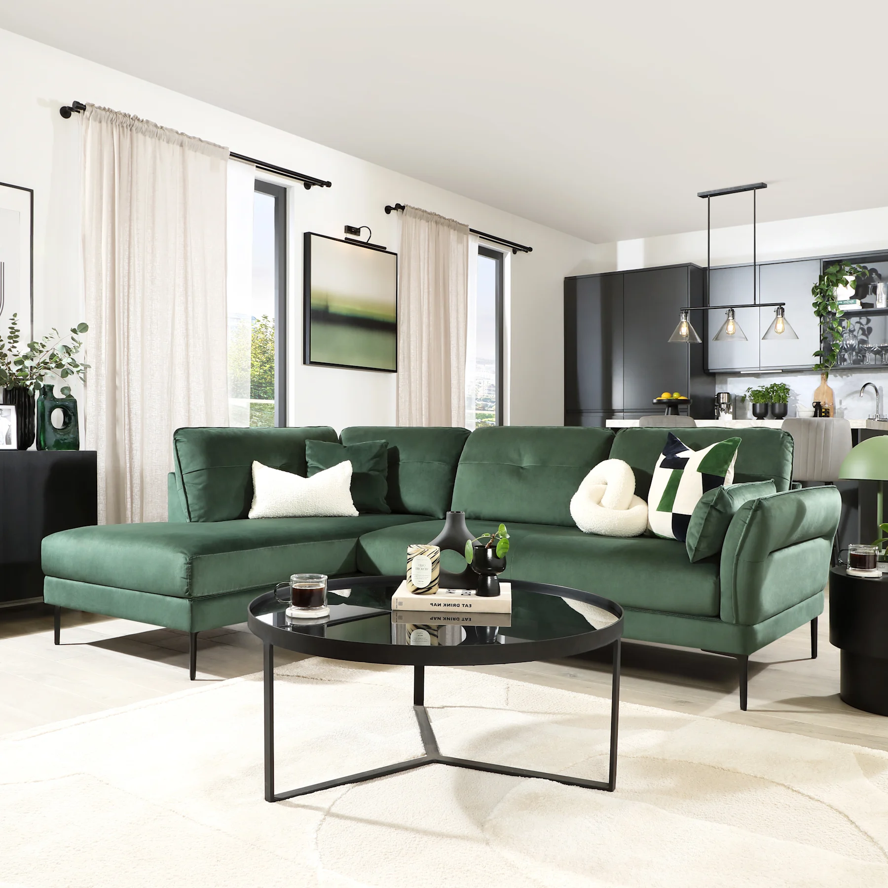 Larissa L-Shape Corner Sofa, Left-Hand Facing, Moss Green Classic Velvet