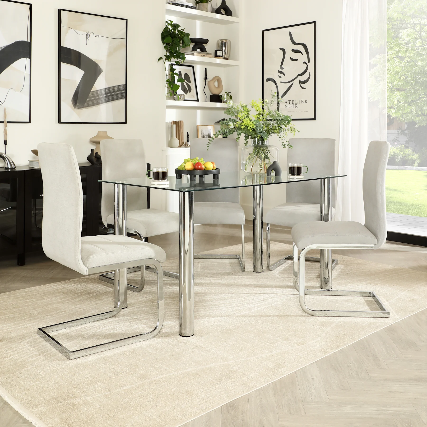 Lunar Dining Table & 6 Perth Chairs, Glass & Chrome, Dove Grey Classic Plush Fabric, 140cm