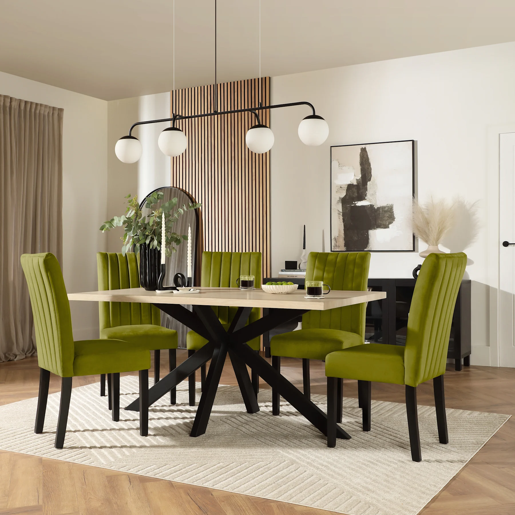 Madison Dining Table & 4 Salisbury Chairs, Light Oak Effect & Black Steel, Olive Green Classic Velvet & Black Solid Hardwood, 160cm