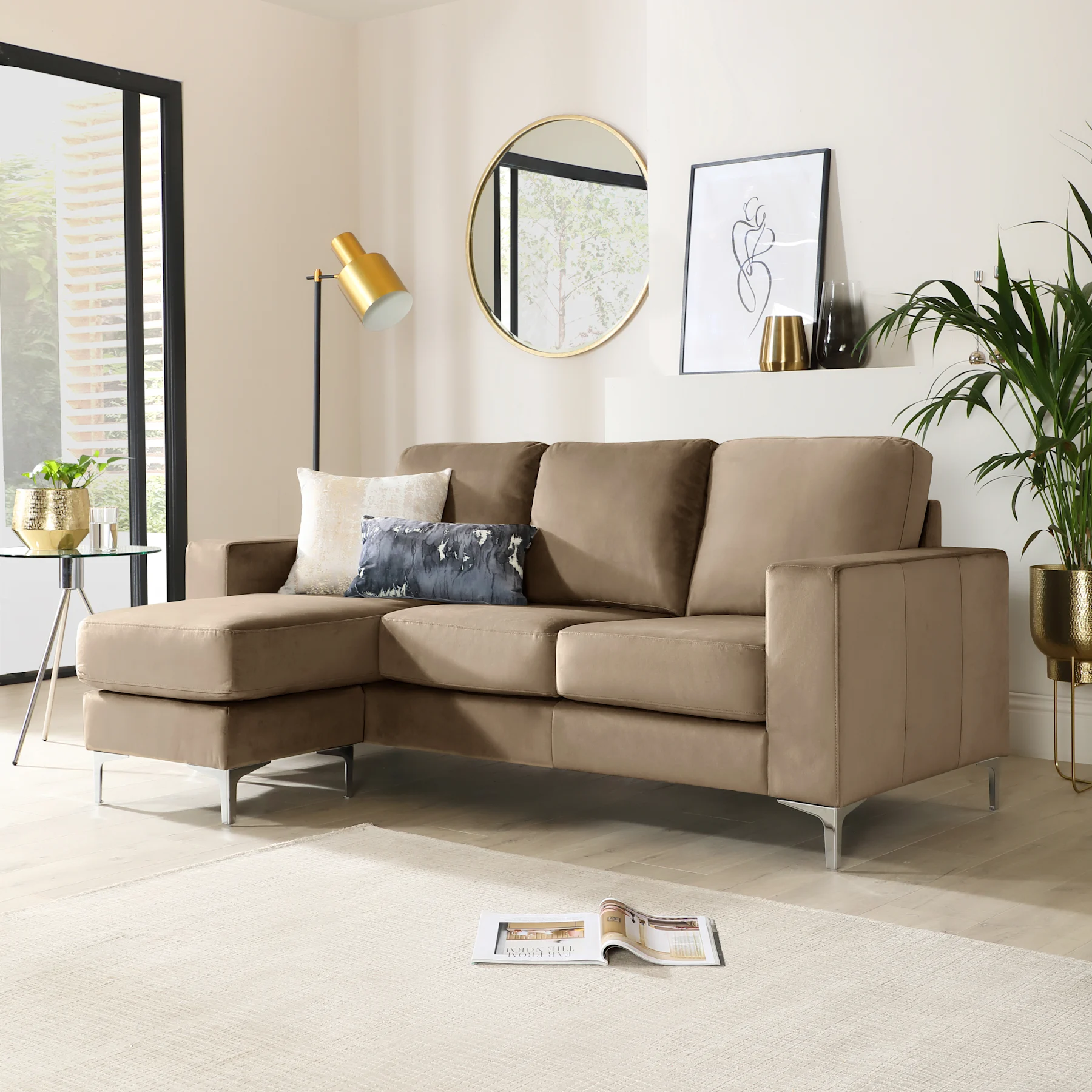 Baltimore L-Shape Corner Sofa, Beige Classic Velvet