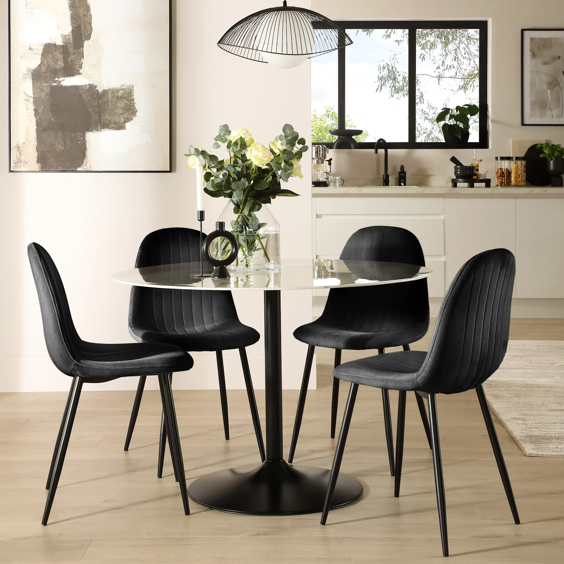 Orbit Round Dining Table & 2 Brooklyn Chairs, White Marble Effect & Black Steel, Black Classic Velvet, 110cm