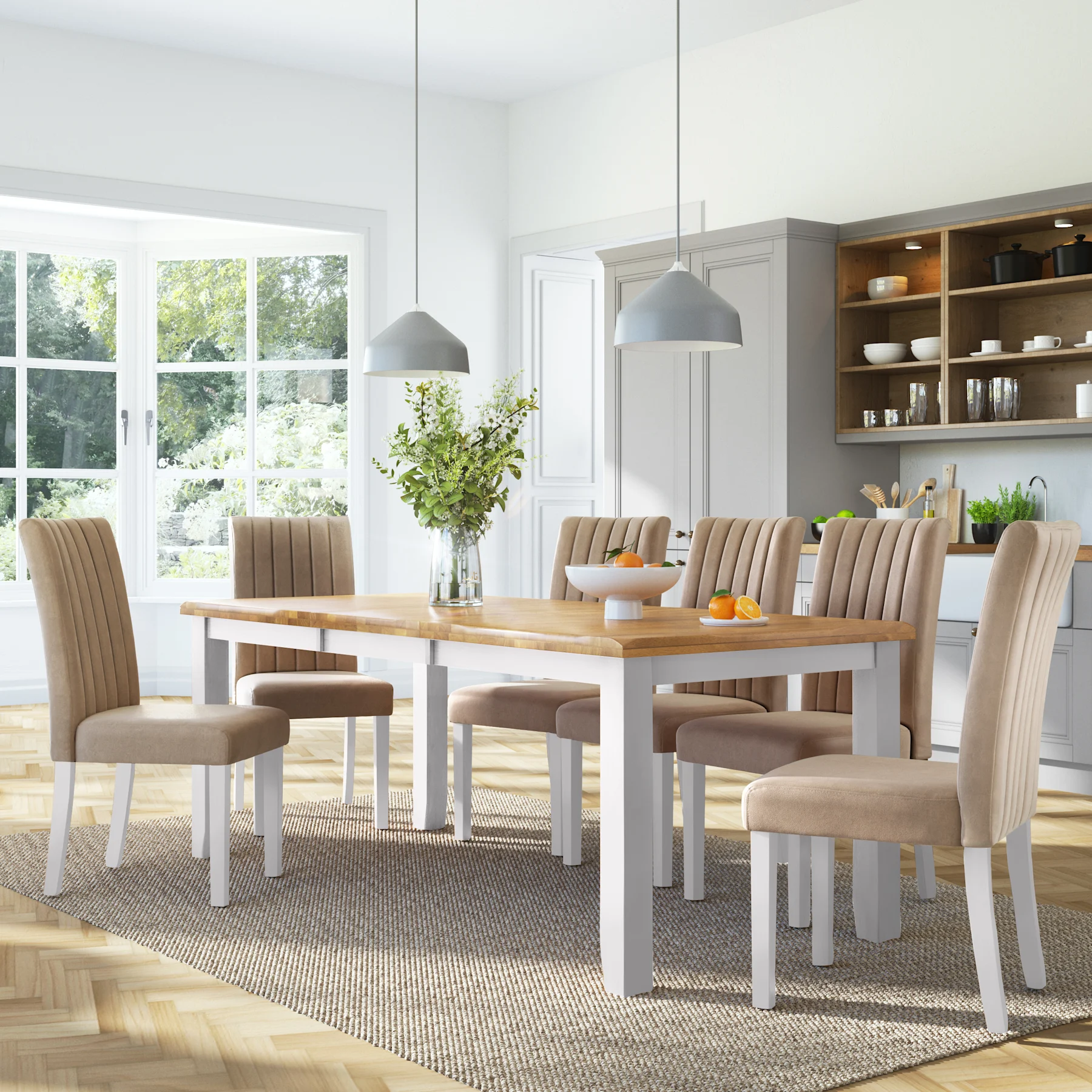 Highbury Extending Dining Table & 4 Salisbury Chairs, Natural Oak Finish & White Solid Hardwood, Champagne Classic Velvet, 150-200cm