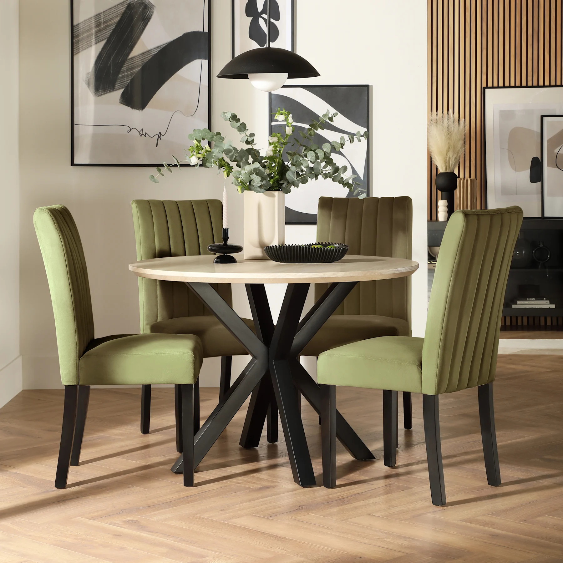 Newark Round Dining Table & 2 Salisbury Chairs, Light Oak Effect & Black Steel, Olive Green Classic Plush Fabric & Black Solid Hardwood, 110cm