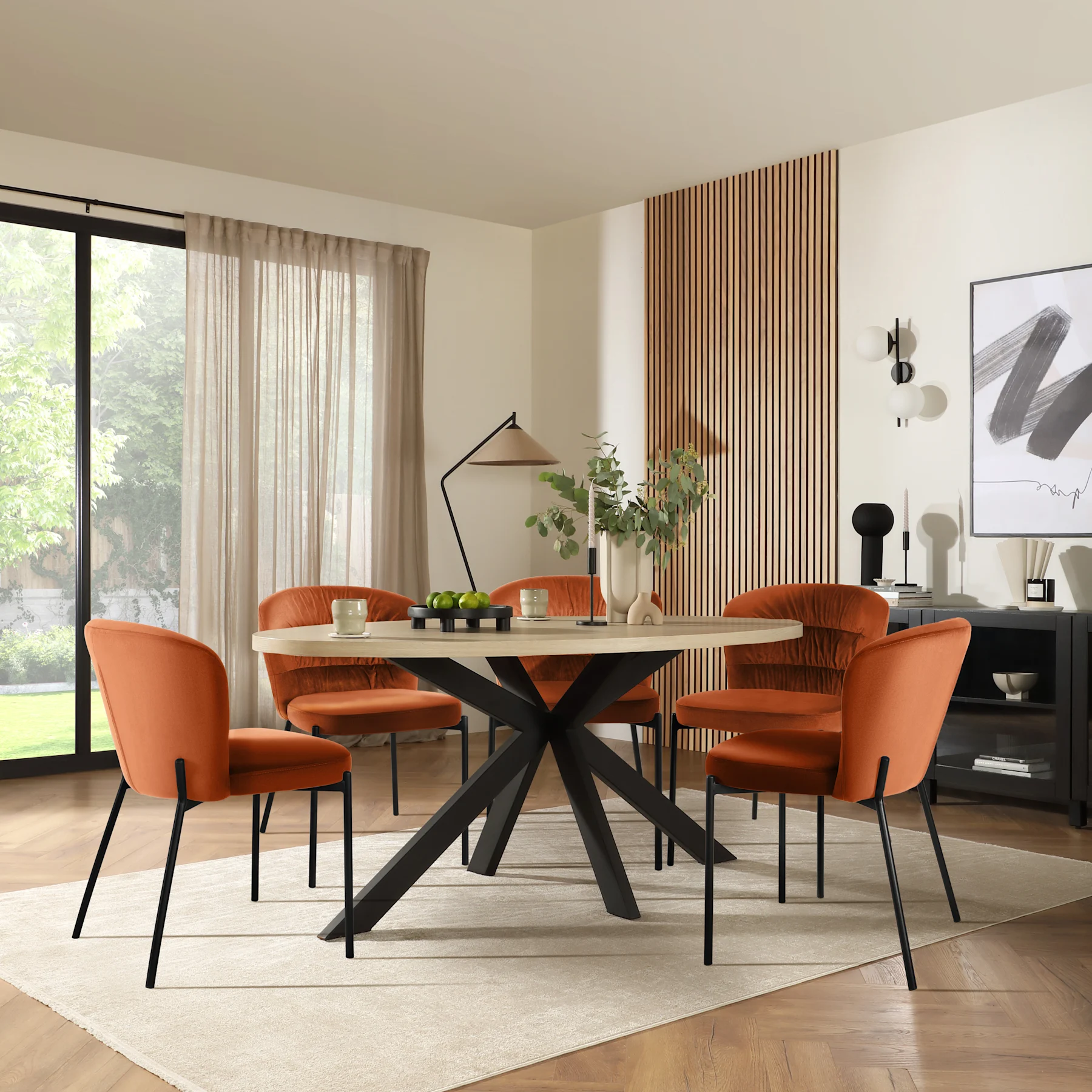 Madison Oval Dining Table & 6 Gianna Chairs, Light Oak Effect & Black Steel, Burnt Orange Classic Velvet, 180cm