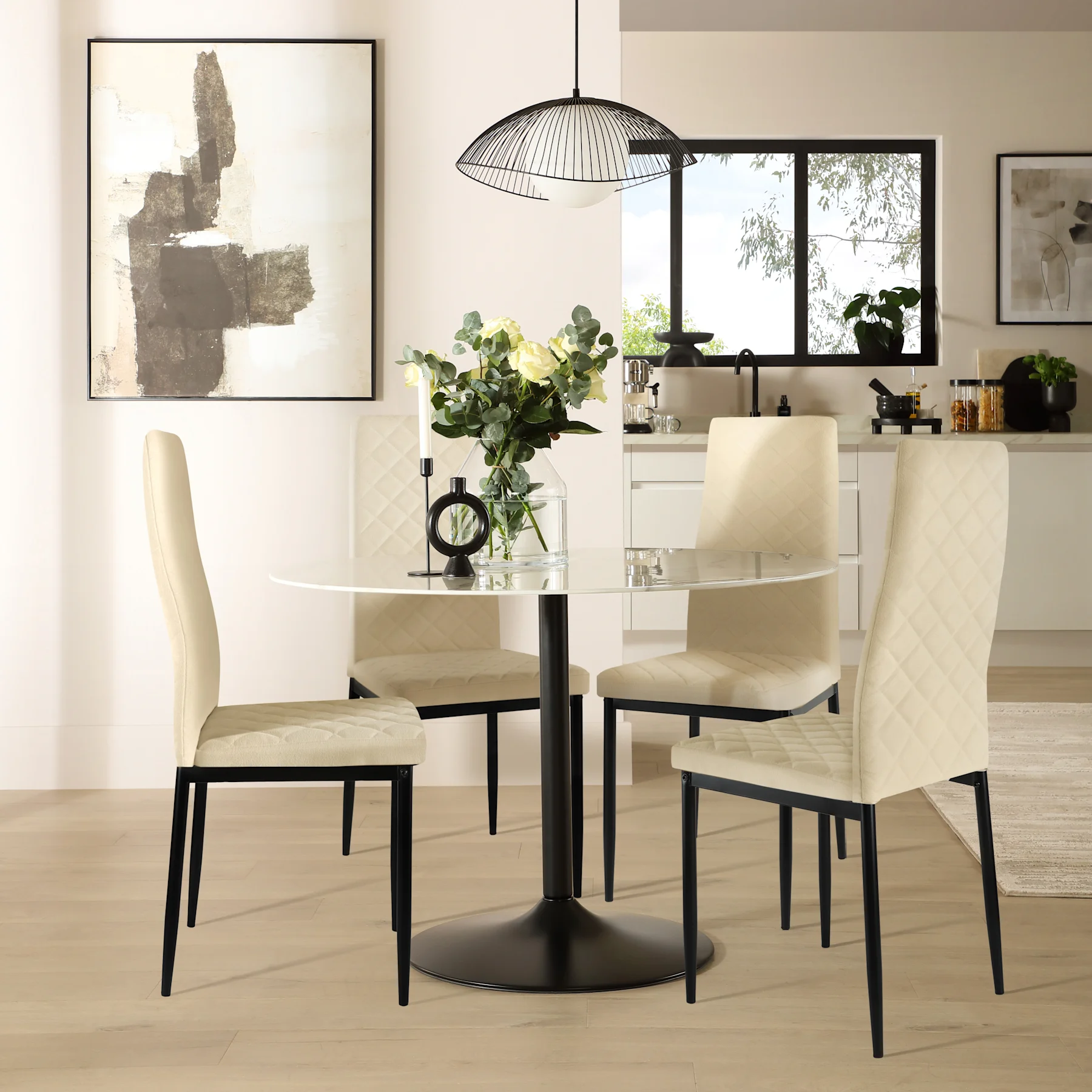 Orbit Round Dining Table & 4 Renzo  Chairs, White Marble Effect & Black Steel, Ivory Classic Plush Fabric, 150cm
