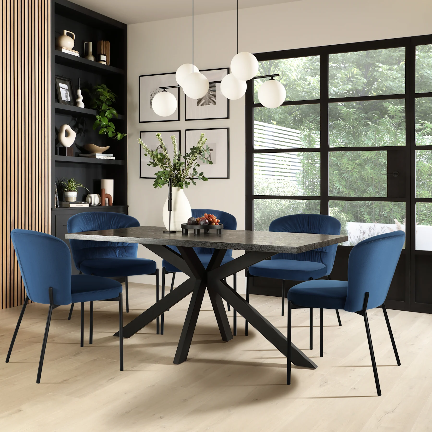 Madison Dining Table & 4 Gianna Chairs, Black Oak Effect & Black Steel, Blue Classic Velvet, 160cm