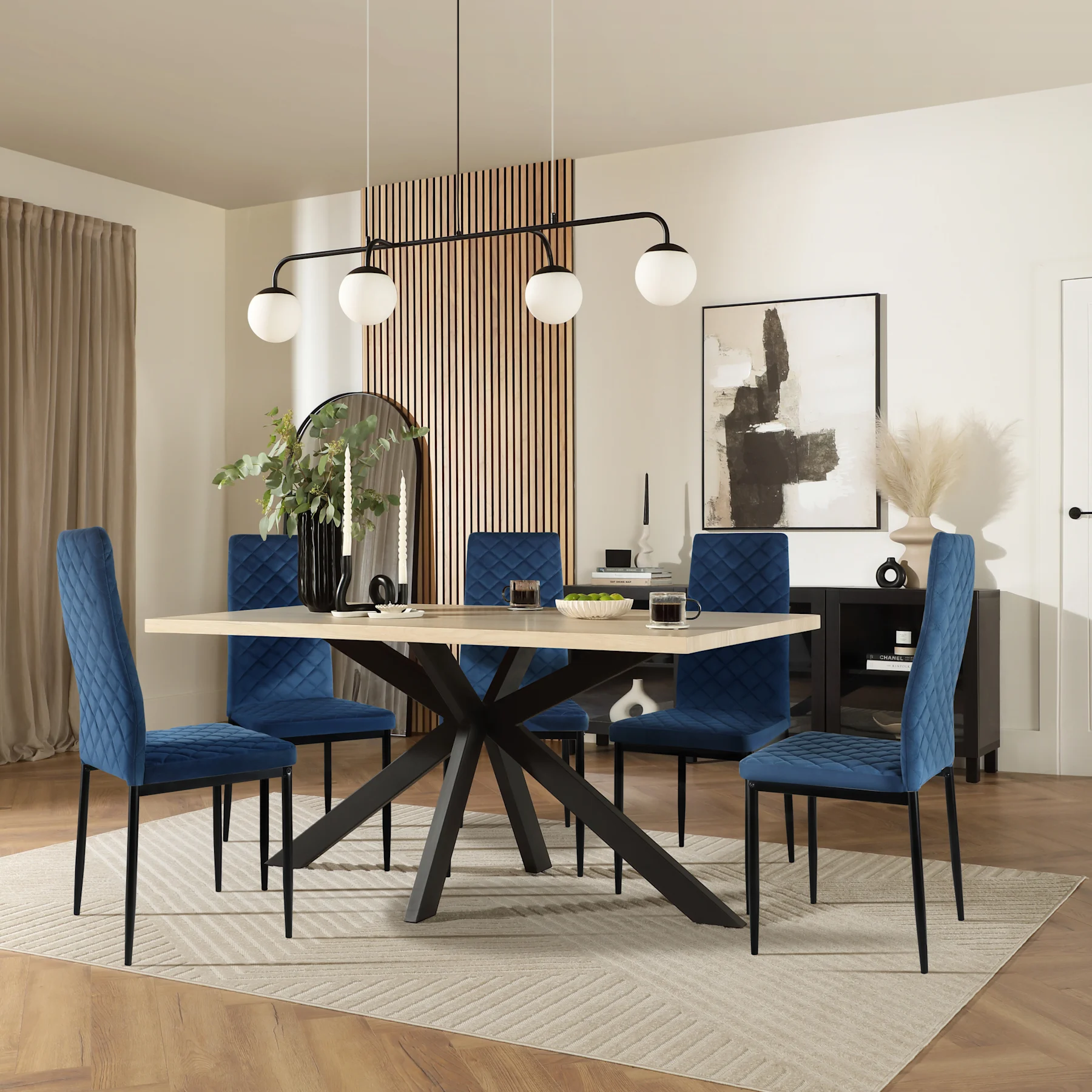 Madison Dining Table & 4 Renzo  Chairs, Light Oak Effect & Black Steel, Blue Classic Velvet, 150cm