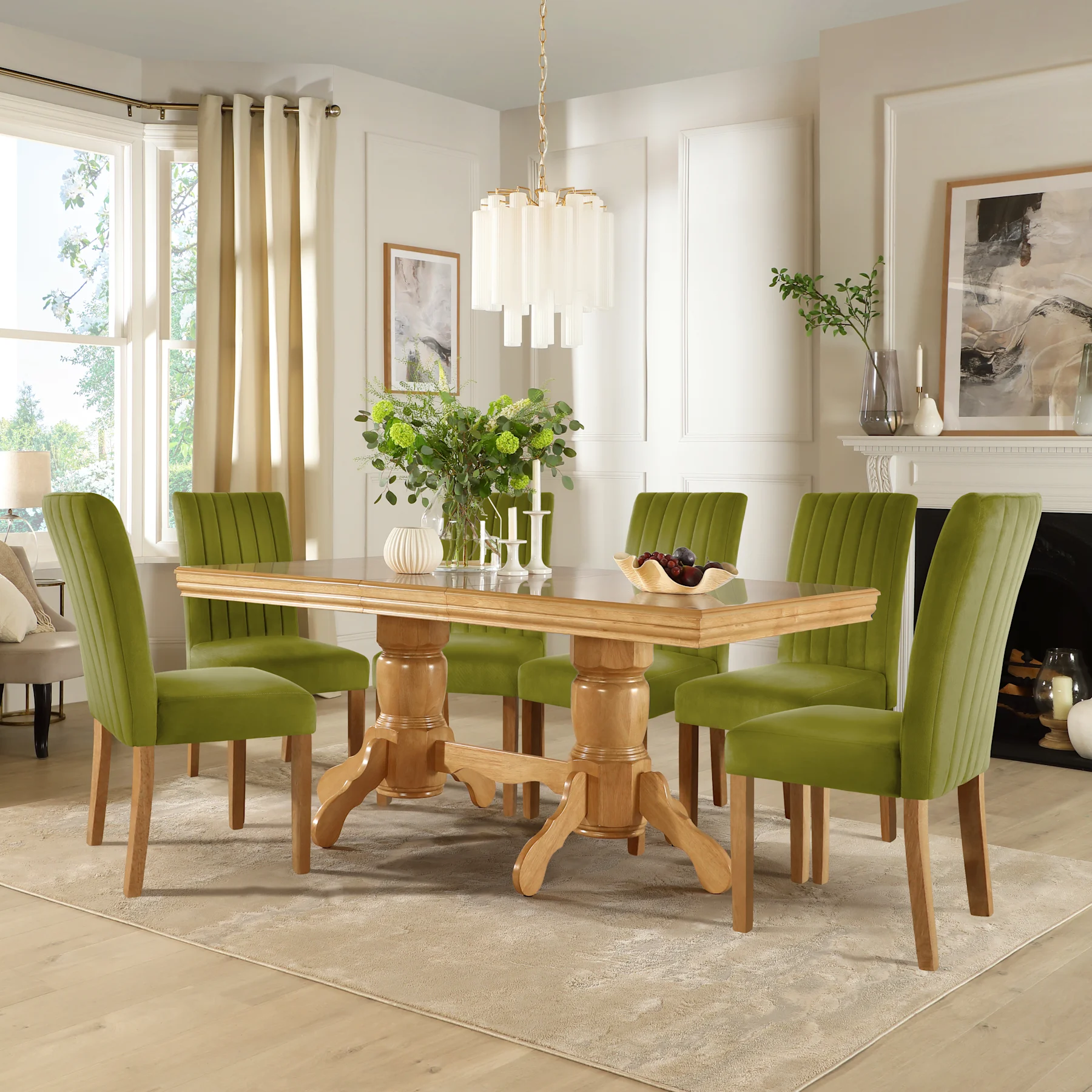 Chatsworth Extending Dining Table & 8 Salisbury Chairs, Natural Oak Finished Birch Veneer & Solid Hardwood, Olive Green Classic Velvet & Natural Oak Finished Solid Hardwood, 150-180cm