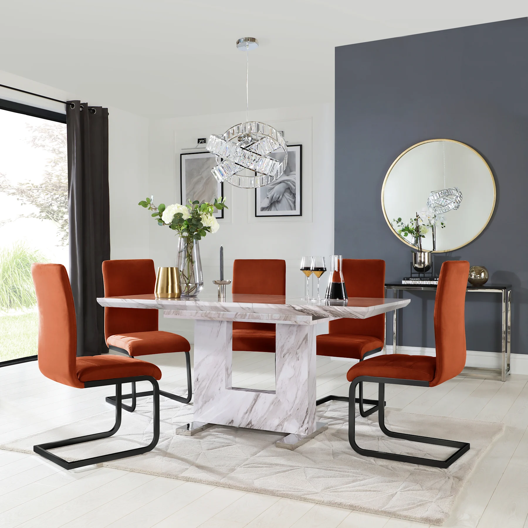 Florence Extending Dining Table & 6 Perth Chairs, Grey Marble Effect, Burnt Orange Classic Velvet & Black Steel, 120-160cm