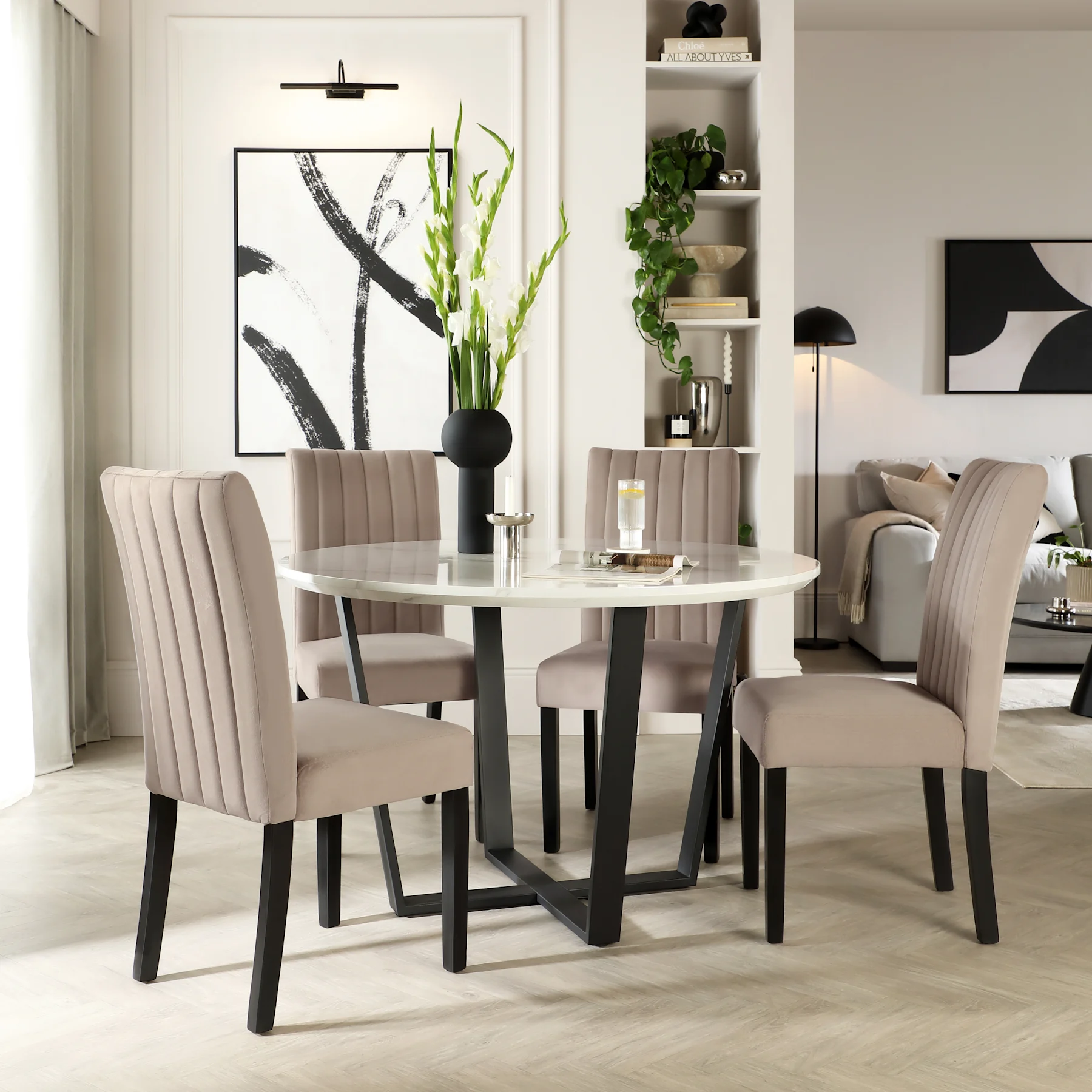 Traviso Round Dining Table & 4 Salisbury Chairs, White Marble Effect & Black Steel, Beige Classic Plush Fabric & Black Solid Hardwood, 120cm