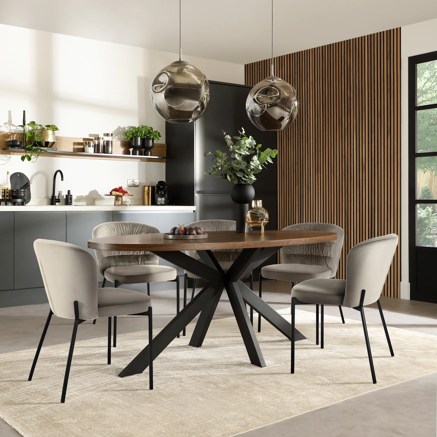 Madison Oval Industrial Dining Table & 6 Gianna Chairs, Walnut Effect & Black Steel, Grey Classic Velvet, 180cm