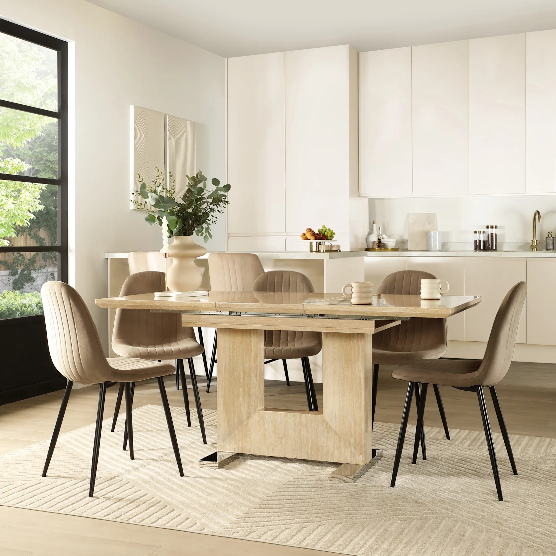Florence Extending Dining Table & 4 Brooklyn Chairs, Travertine Stone Effect, Beige Classic Velvet & Black Steel, 120-160cm