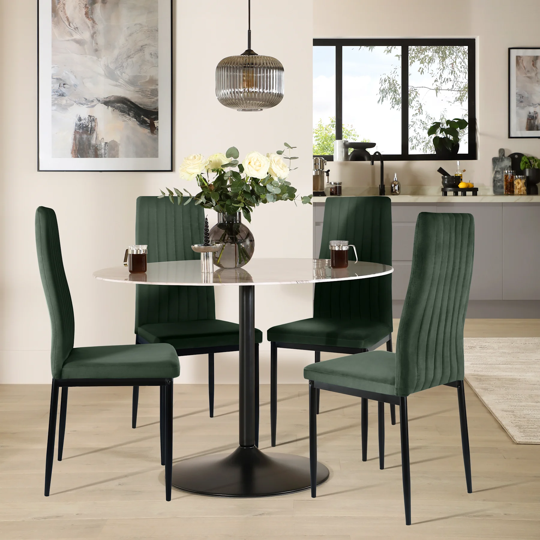 Orbit Round Dining Table & 4 Leon  Chairs, White Marble Effect & Black Steel, Moss Green Classic Velvet, 150cm