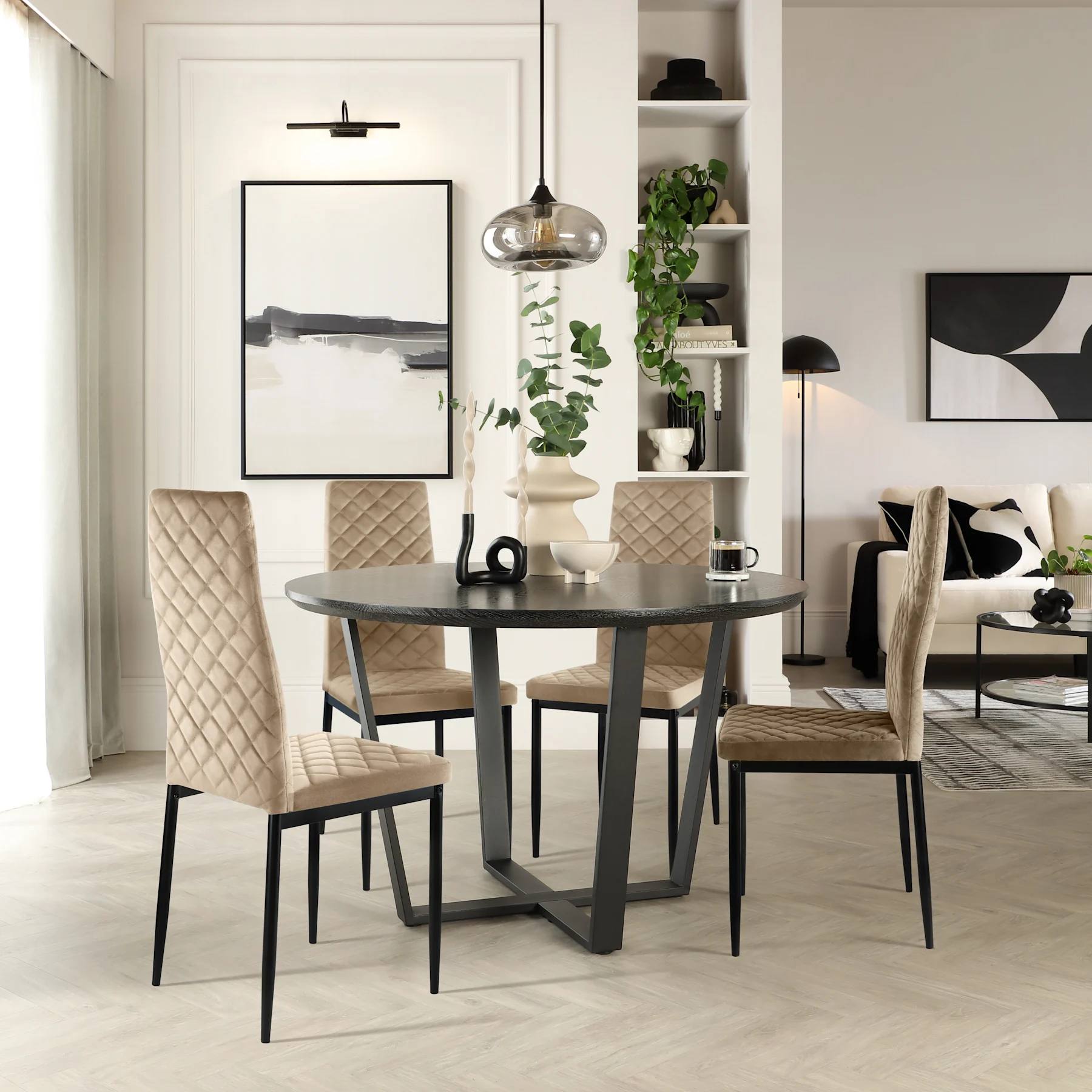 Traviso Round Dining Table & 4 Renzo Chairs, Black Oak Effect & Black Steel, Champagne Classic Velvet, 120cm