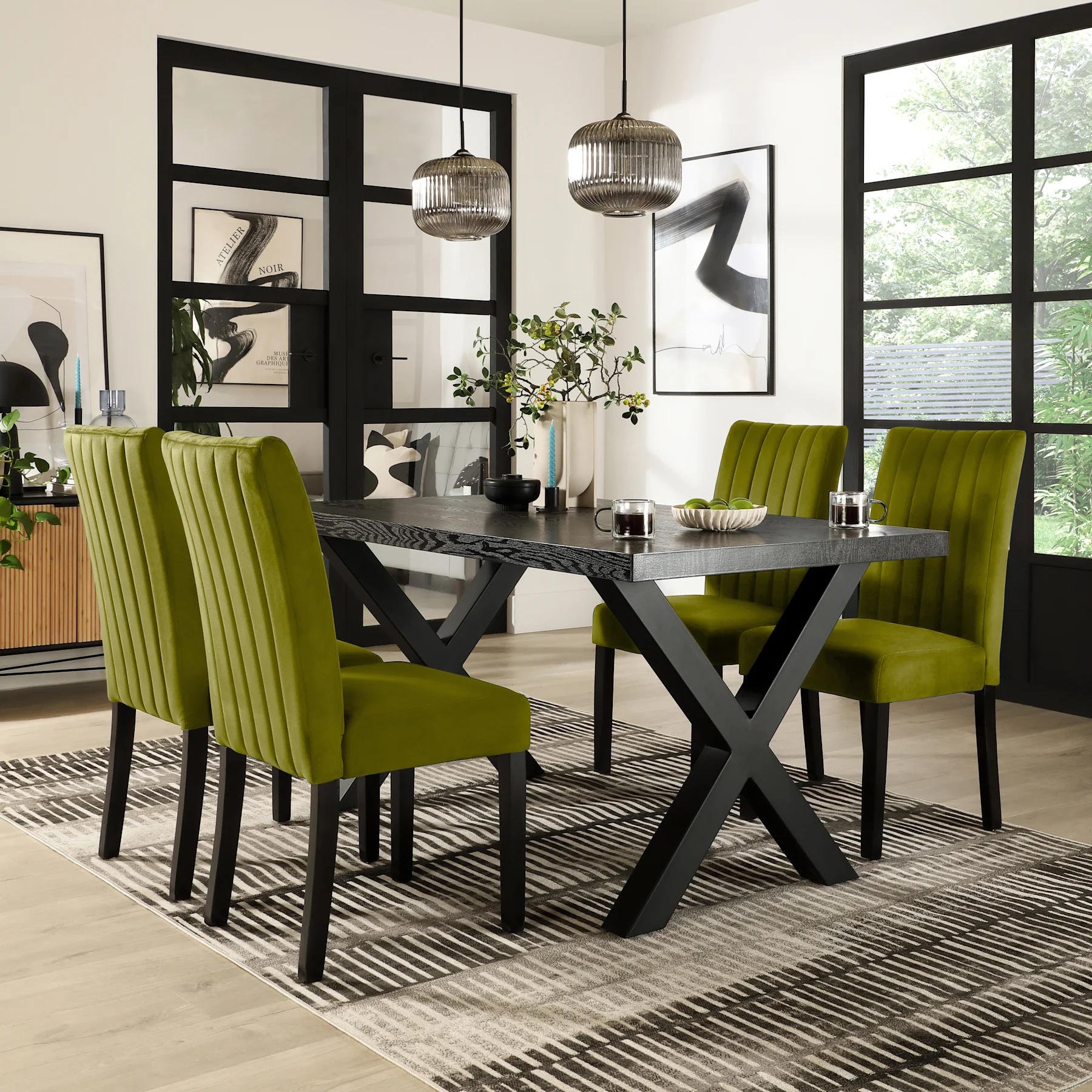 Franklin Dining Table & 4 Salisbury Chairs, Black Oak Effect & Black Steel, Olive Green Classic Velvet & Black Solid Hardwood, 150cm