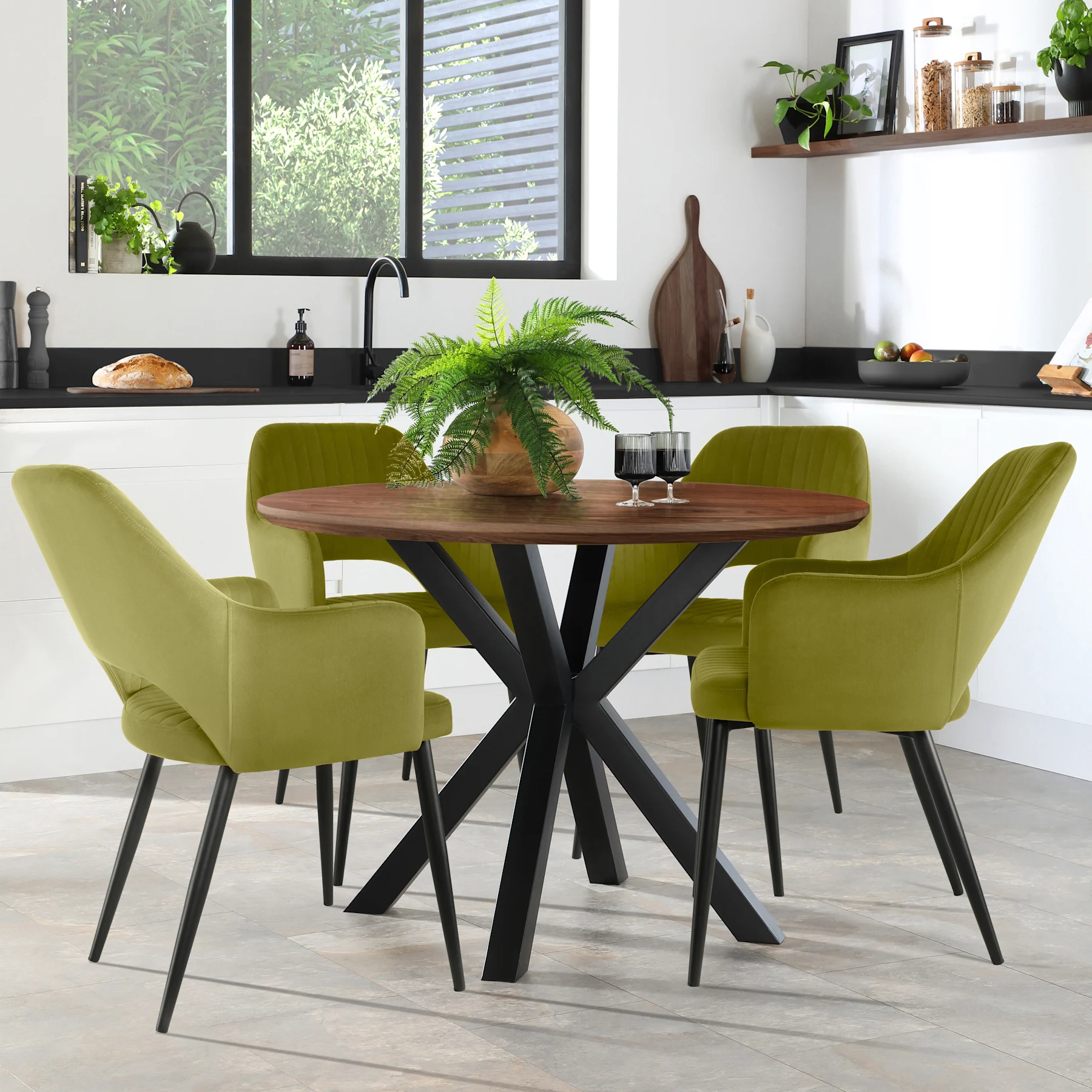 Newark Round Industrial Dining Table & 4 Clara Chairs, Walnut Effect & Black Steel, Olive Green Classic Velvet, 110cm