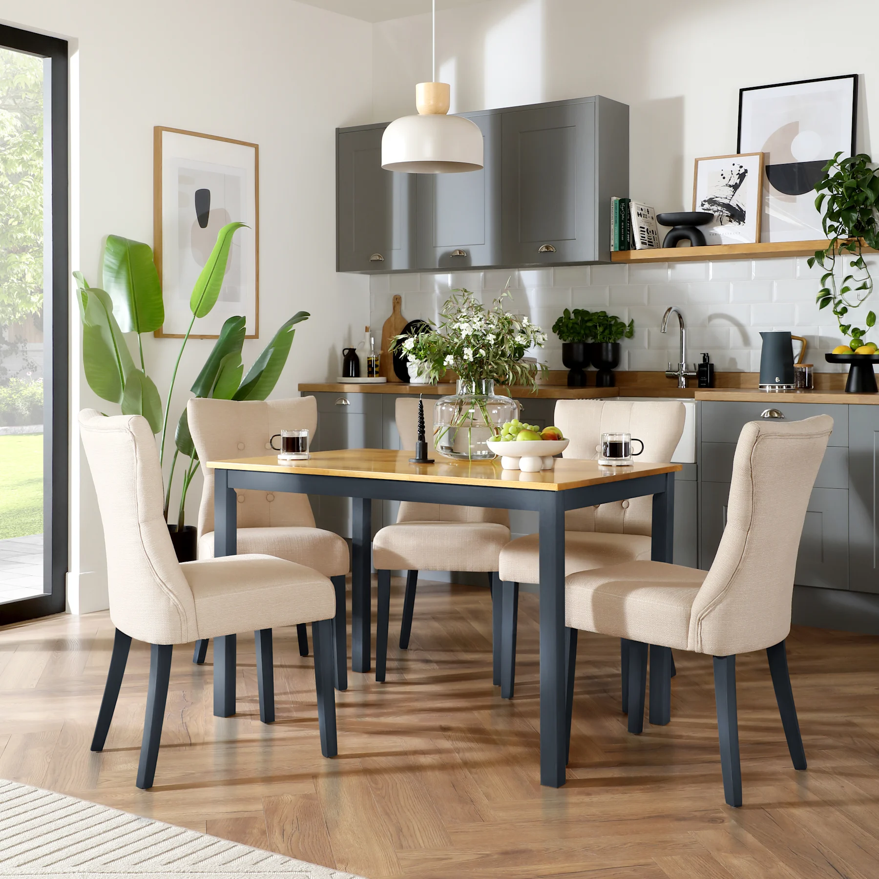 Milton Dining Table & 4 Bewley Chairs, Natural Oak Finish & Slate Blue Solid Hardwood, Oatmeal Classic Linen-Weave Fabric, 120cm